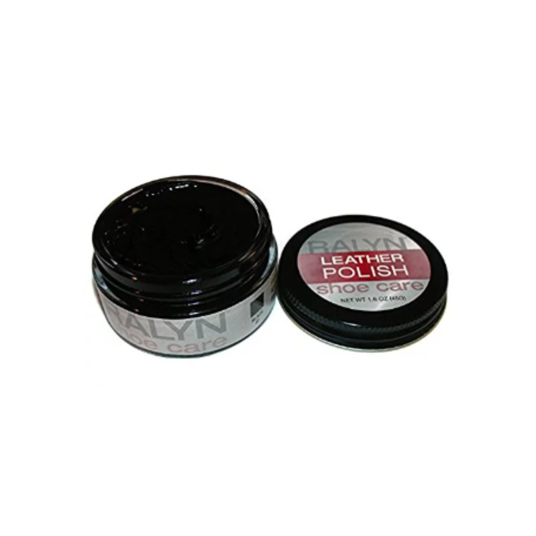Open container of Ralyn Leather Shoe Polish in black, showing rich, creamy polish texture inside designed to nourish and protect leather footwear.