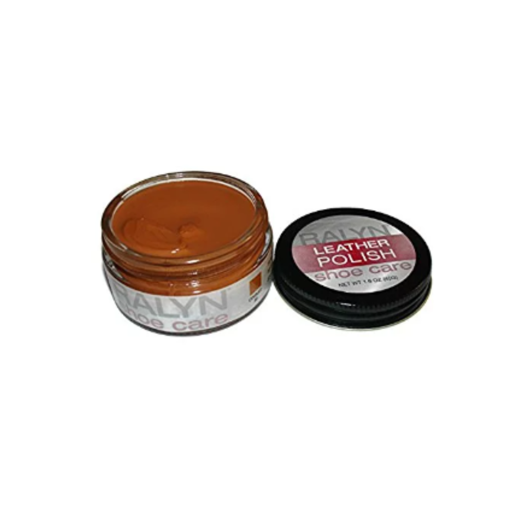 Open container of Ralyn Leather Shoe Polish in cognac brown, showing rich, creamy polish formulated to nourish and restore the natural color of cognac leather shoes.