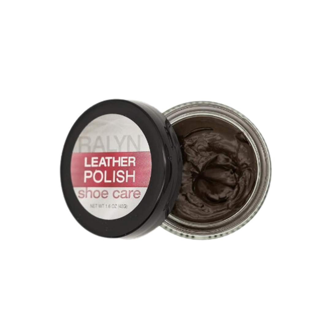 Open container of Ralyn Leather Shoe Polish in dark brown, showing rich, creamy polish texture inside designed to nourish and protect leather footwear.