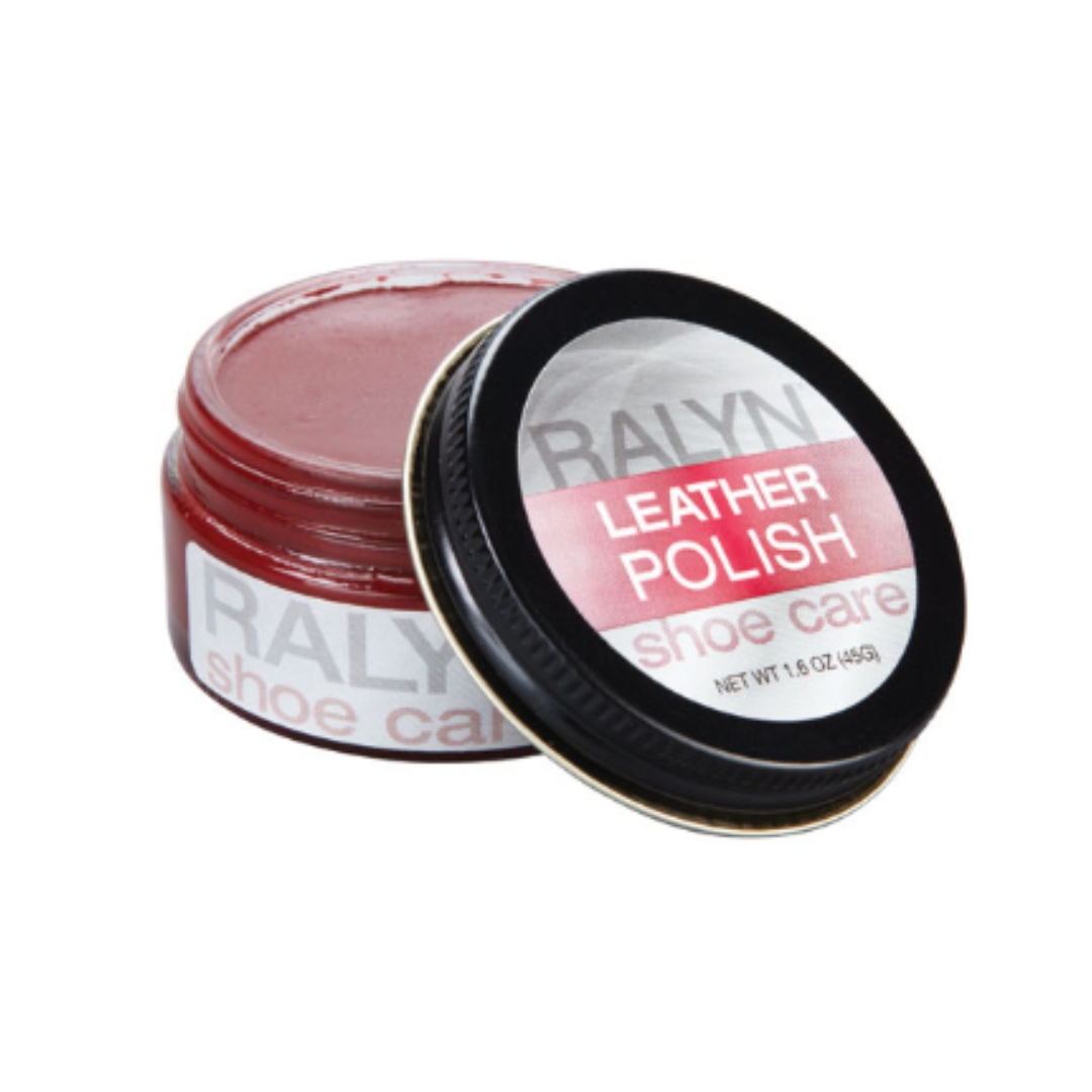 Front view of Ralyn Leather Shoe Polish in red, designed to restore color, condition leather, and provide a protective finish for shoes.
