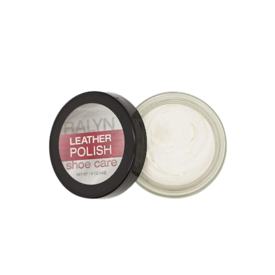 Open container of Ralyn Leather Shoe Polish in white, revealing smooth, creamy polish designed to protect and brighten white leather footwear shoes.