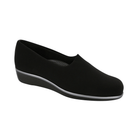 Side view of Women’s SAS Bliss slip-on shoe in black – featuring a soft stretchable upper for a flexible fit, contoured cushioned footbed for comfort, and a lightweight sole designed for effortless walking.