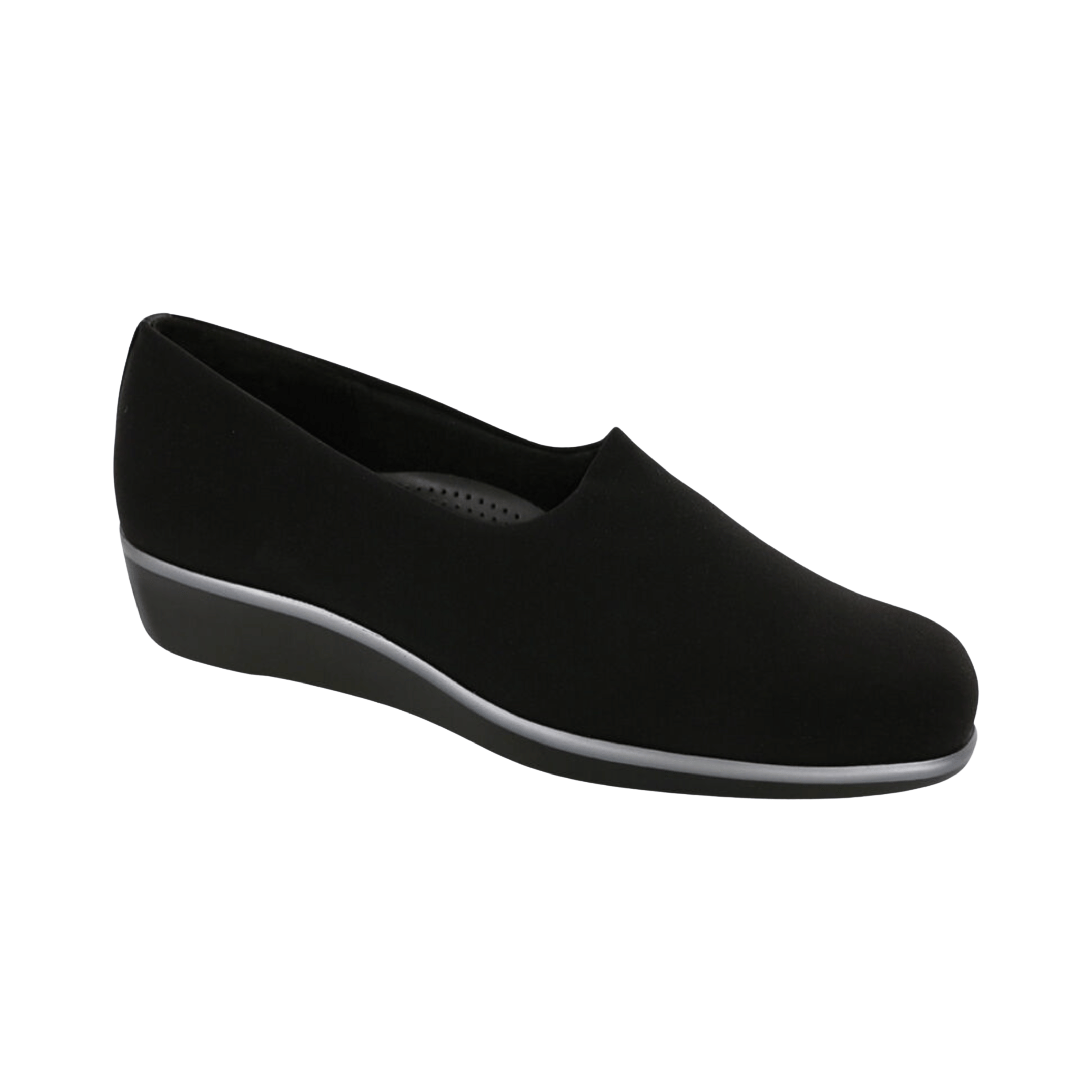 Side view of Women’s SAS Bliss slip-on shoe in black – featuring a soft stretchable upper for a flexible fit, contoured cushioned footbed for comfort, and a lightweight sole designed for effortless walking.