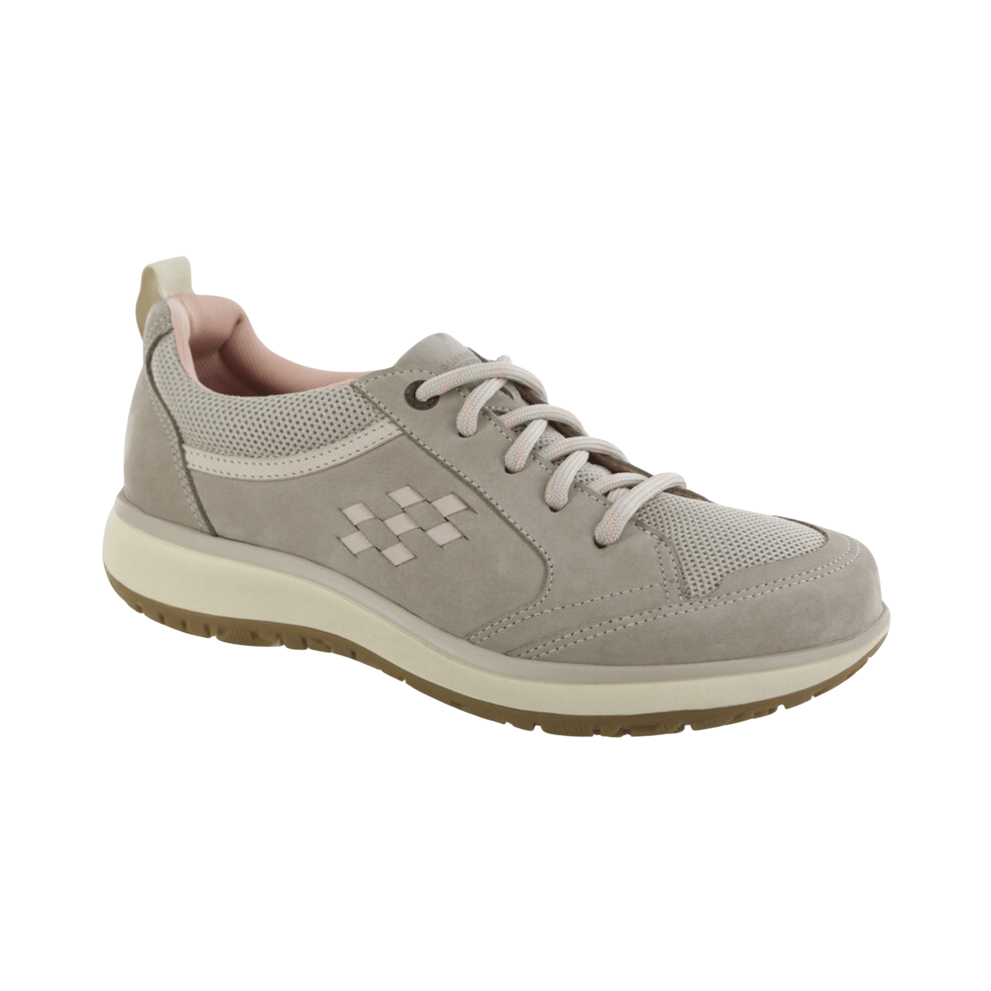 Side view of Women’s SAS Boulder sneaker in taupe pink – featuring breathable mesh and suede upper, cushioned footbed for arch support, and a rugged rubber outsole for reliable traction on varied terrains.