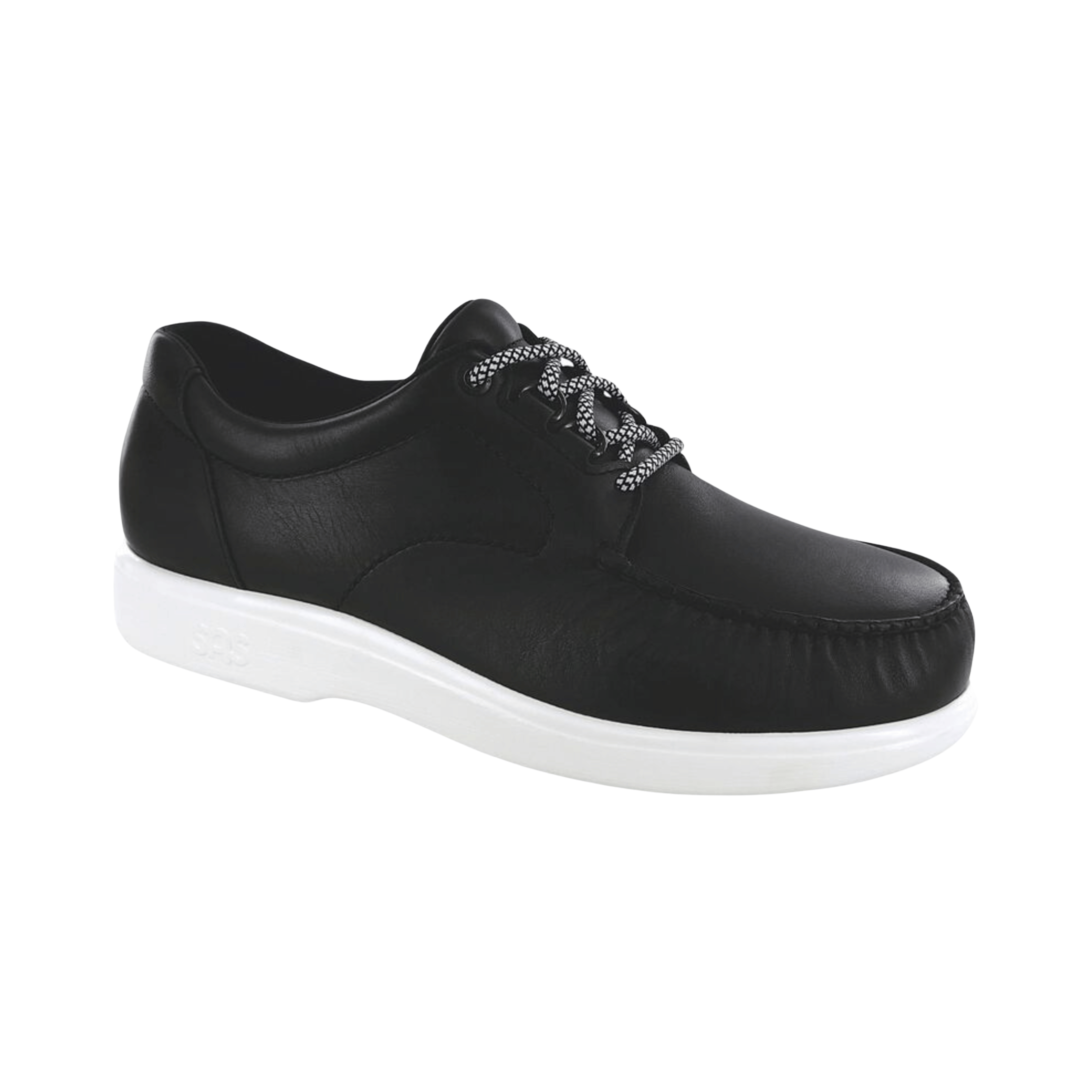Side view of Men’s SAS Bout Time LT casual shoe in matte black – featuring a smooth leather upper, cushioned footbed for all-day comfort, and a flexible, shock-absorbing sole for reliable support.