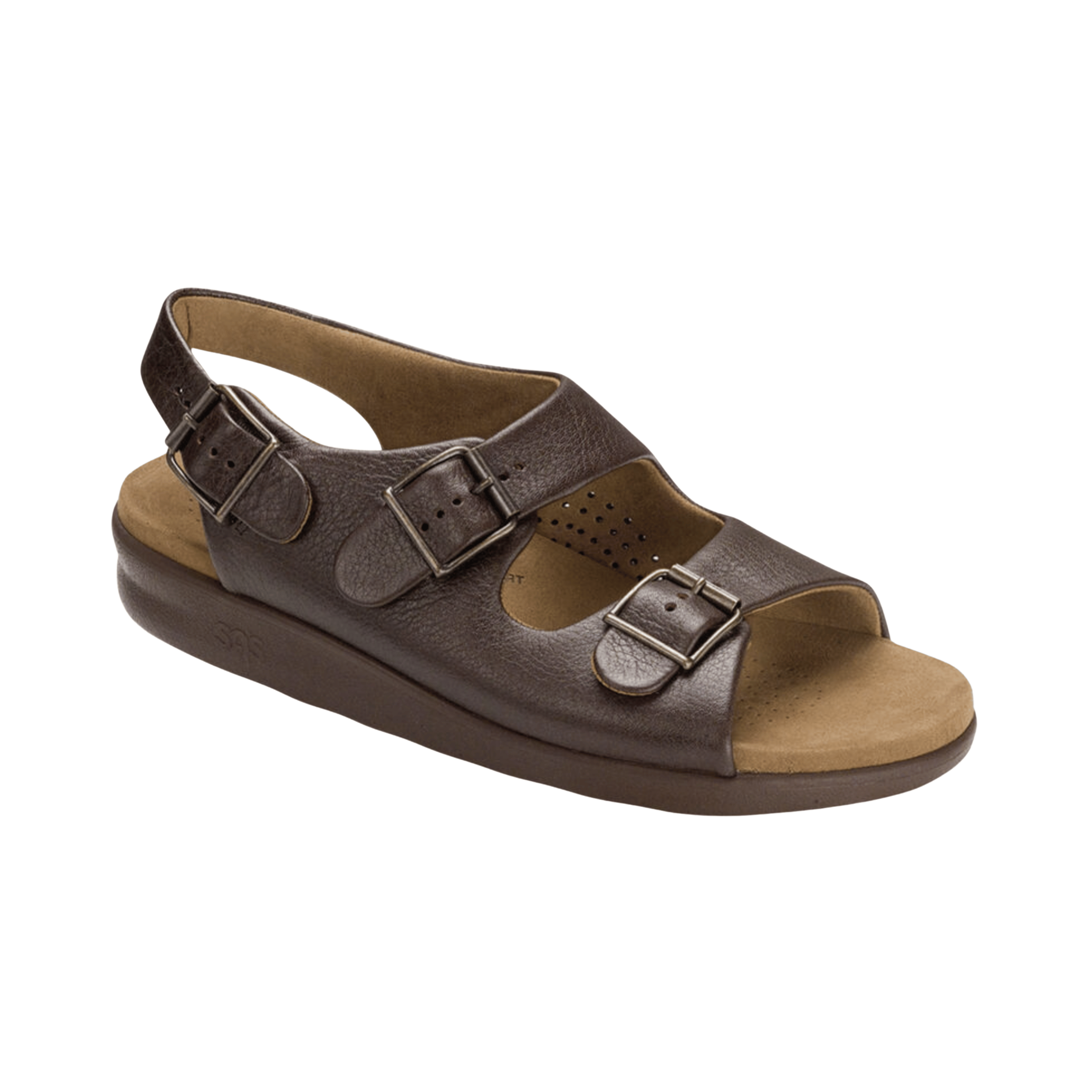 Side view of Women’s SAS Bravo sandal in brown – featuring soft leather straps with adjustable buckles, contoured footbed for arch support, and a lightweight sole for flexible, cushioned steps.