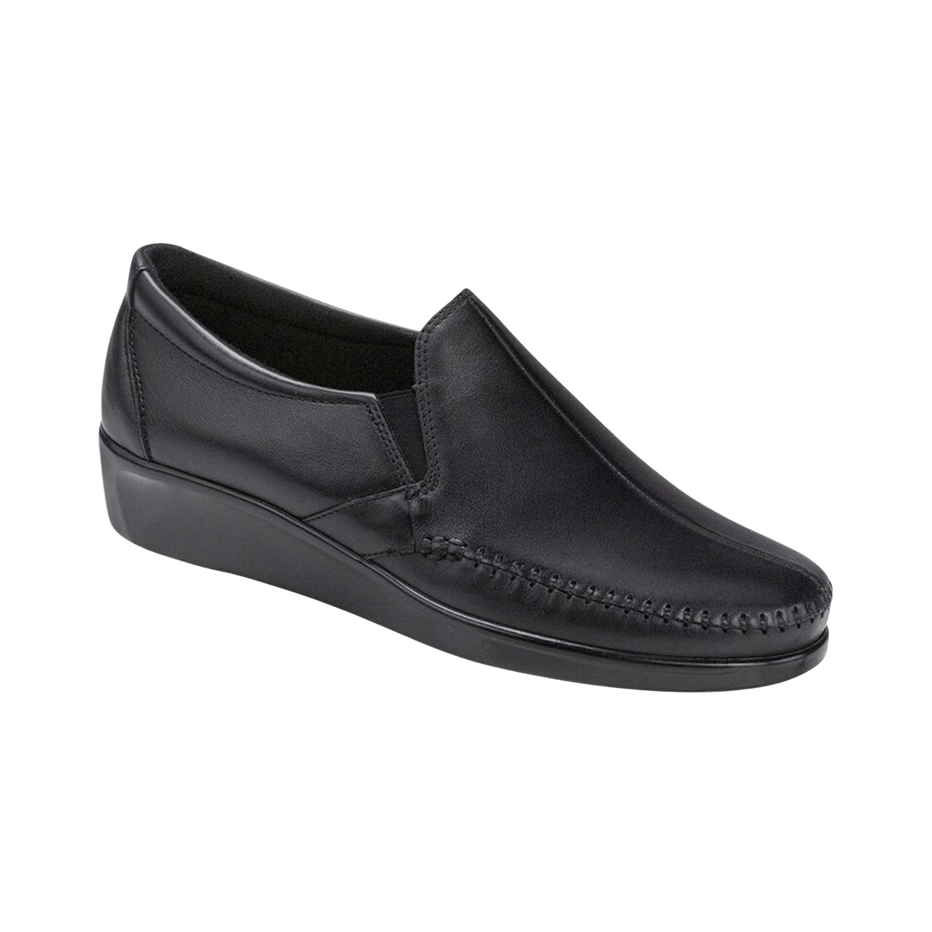 Side view of Women’s SAS Dream slip-on shoe in black – featuring a soft leather upper, elastic side panels for easy on and off, and a cushioned sole designed for comfort and everyday wear.