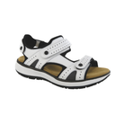 Angled view of Women’s SAS Embark 3-strap sandal in white and black — featuring a classic three-strap design, supportive cushioned footbed for enhanced comfort, adjustable straps for secure fit, and slip-resistant outsole for everyday wear.