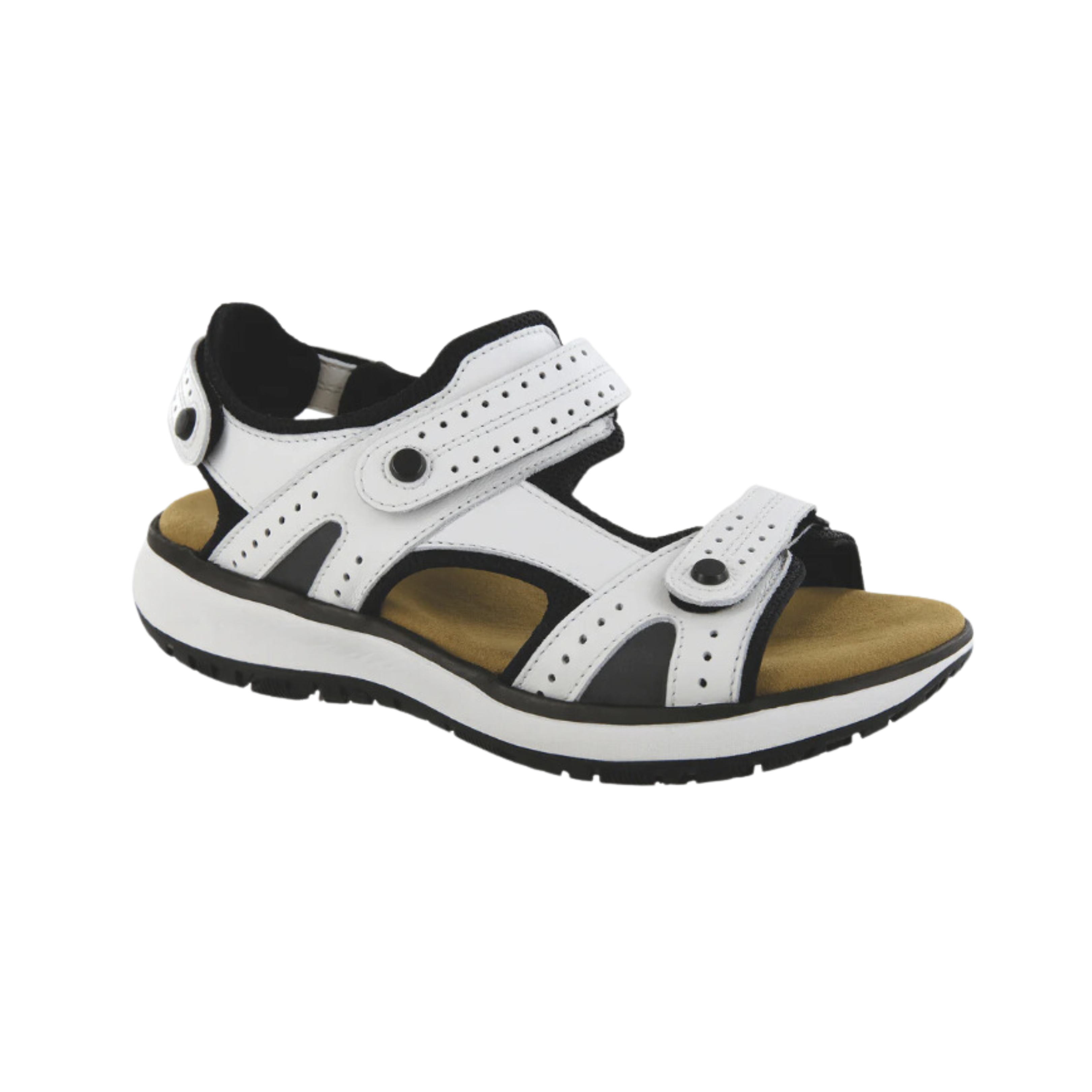 Angled view of Women’s SAS Embark 3-strap sandal in white and black — featuring a classic three-strap design, supportive cushioned footbed for enhanced comfort, adjustable straps for secure fit, and slip-resistant outsole for everyday wear.