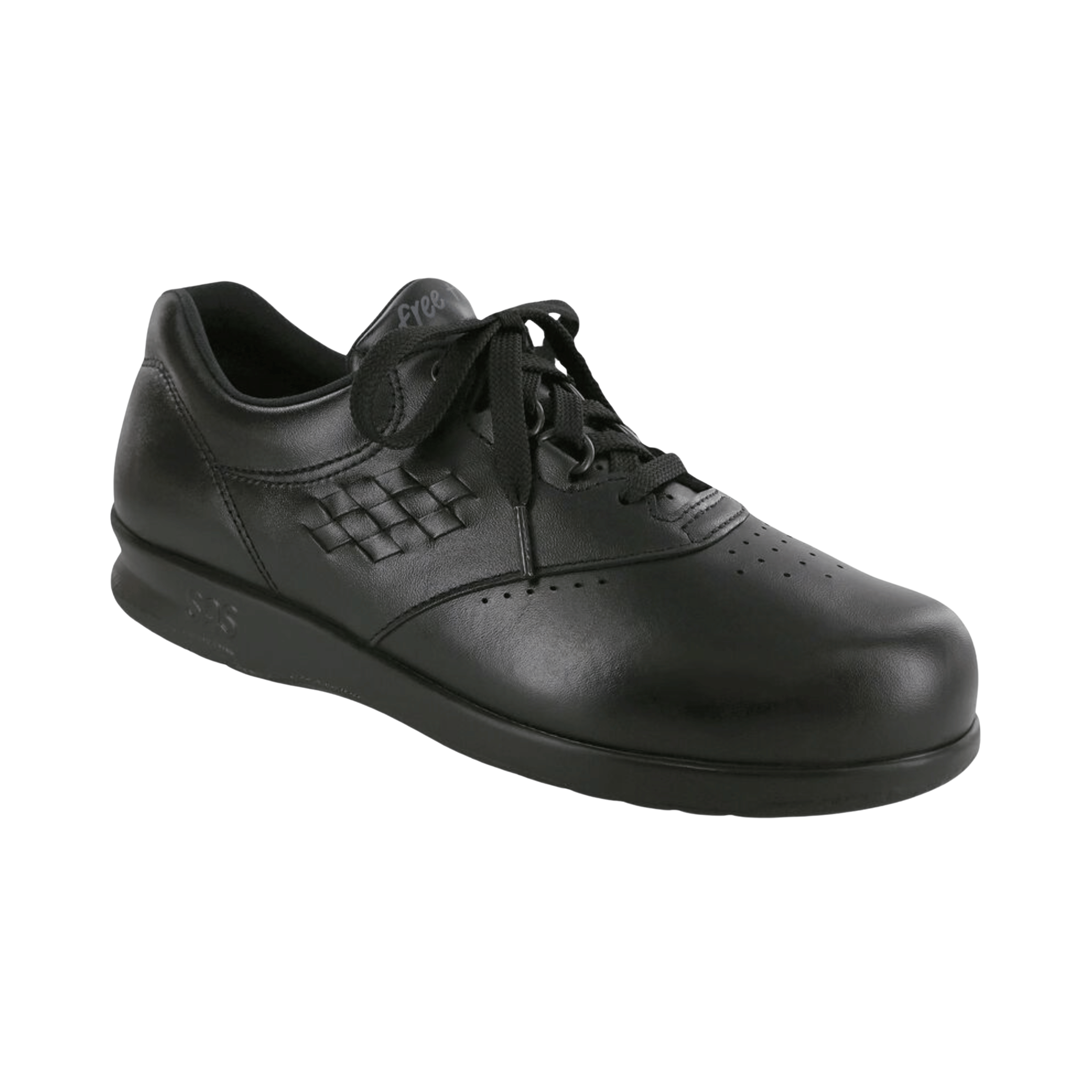 Side view of Women’s SAS Free Time walking shoe in black – featuring genuine leather upper, padded collar for ankle support, and a cushioned sole designed for long-lasting comfort and stability.