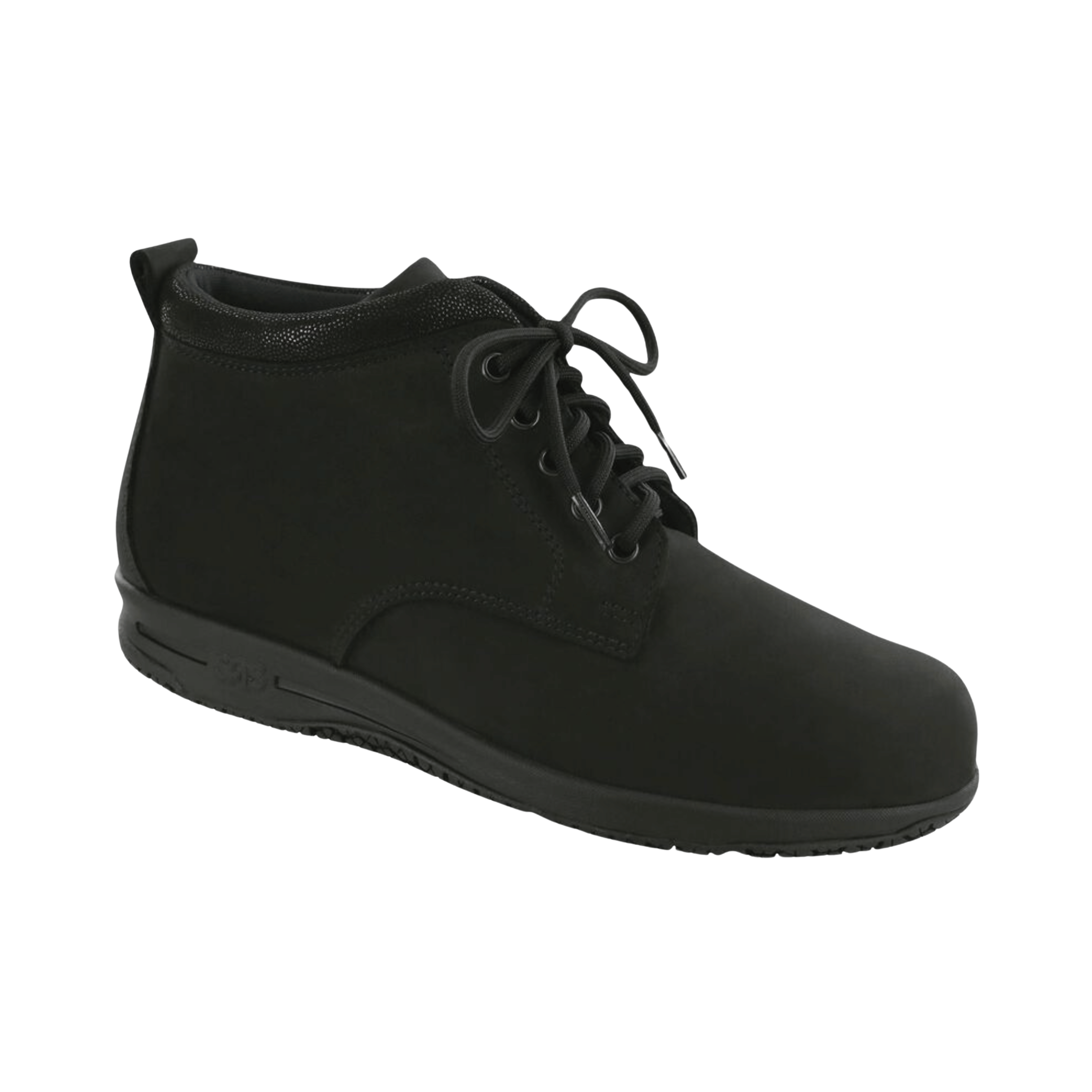 Side view of Women’s SAS Gretchen Chukka Boot in black moondust – featuring soft leather construction, cushioned footbed for enhanced comfort, and a flexible rubber sole for supportive everyday wear.