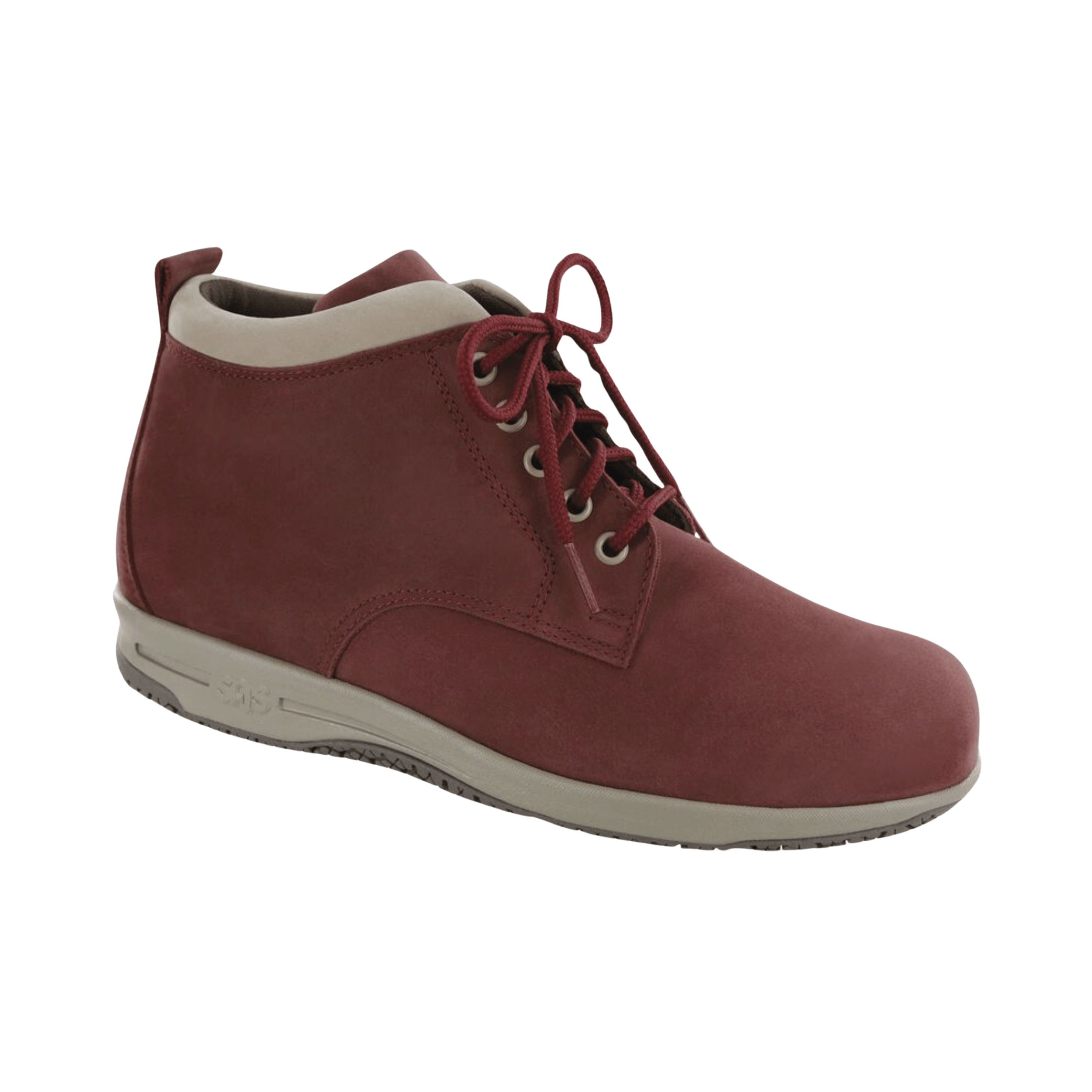 Side view of Women’s SAS Gretchen Chukka Boot in red taupe – featuring soft leather upper, cushioned footbed for comfort, and a durable rubber outsole designed for traction and everyday wear.