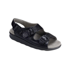 Angled view of Women’s SAS Relaxed 3-strap sandal in black — featuring adjustable straps for secure fit, a soft and supportive cushioned footbed with arch support, a flexible outsole that absorbs impact, and premium construction for durability and comfort.