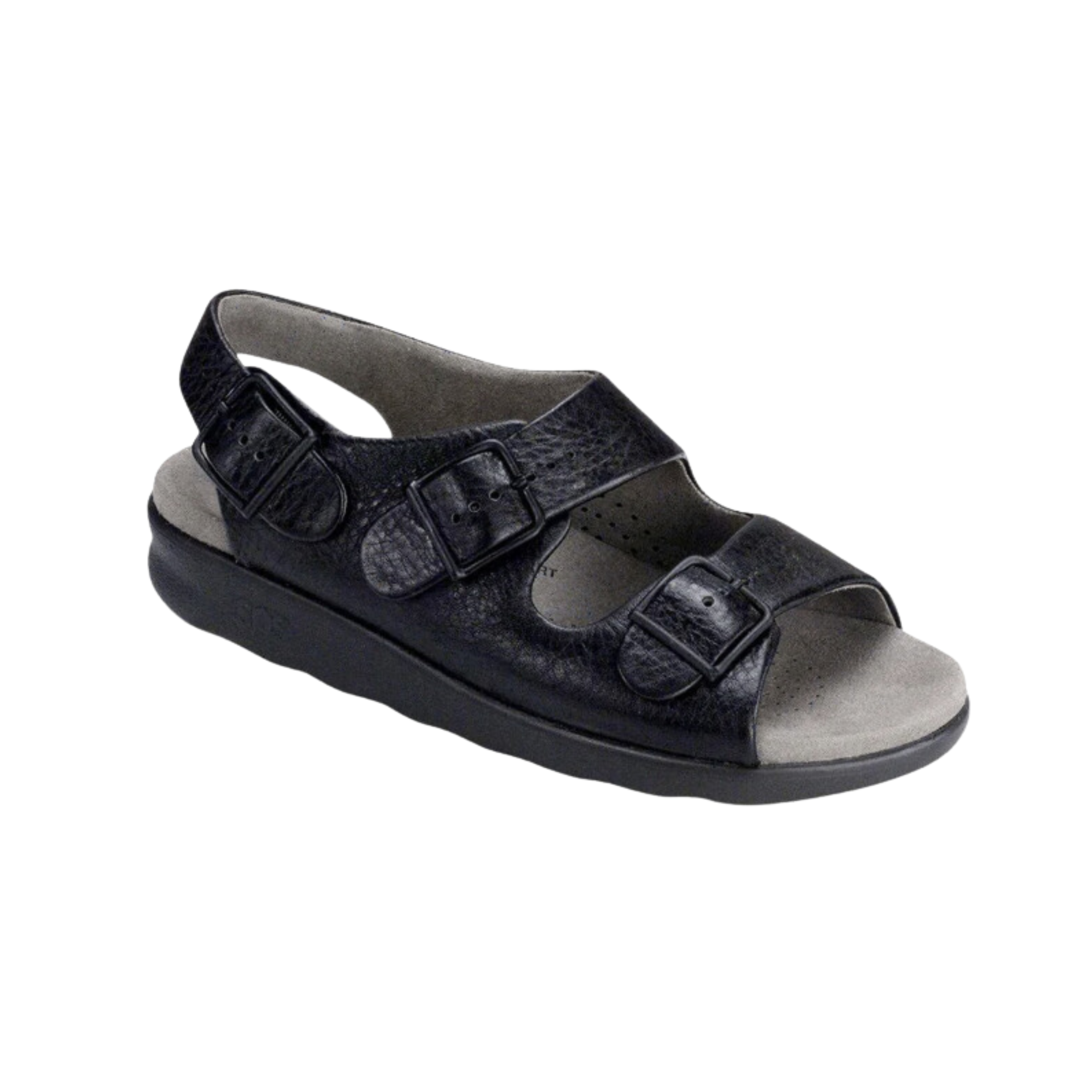 Angled view of Women’s SAS Relaxed 3-strap sandal in black — featuring adjustable straps for secure fit, a soft and supportive cushioned footbed with arch support, a flexible outsole that absorbs impact, and premium construction for durability and comfort.