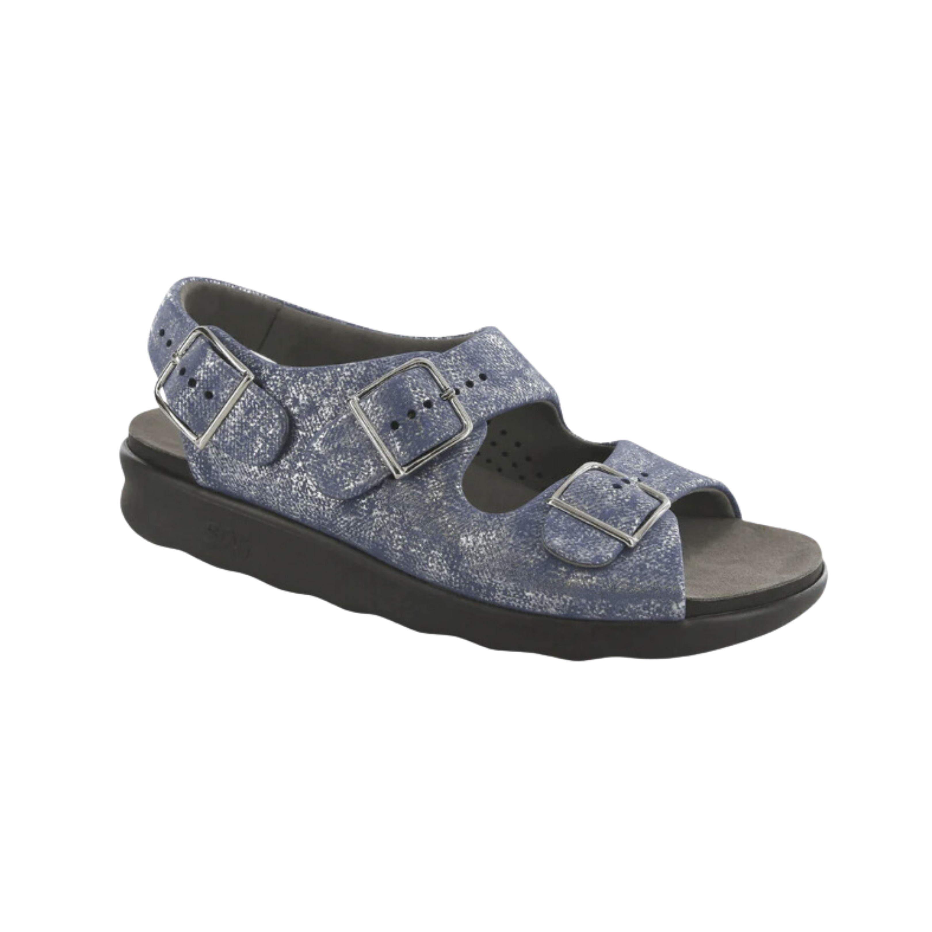 Angled view of Women’s SAS Relaxed 3-strap sandal in silver blue — featuring adjustable straps for a custom fit, memory foam cushioning in the footbed, durable materials for long-lasting use, and an outsole designed to offer excellent traction and flexibility.
