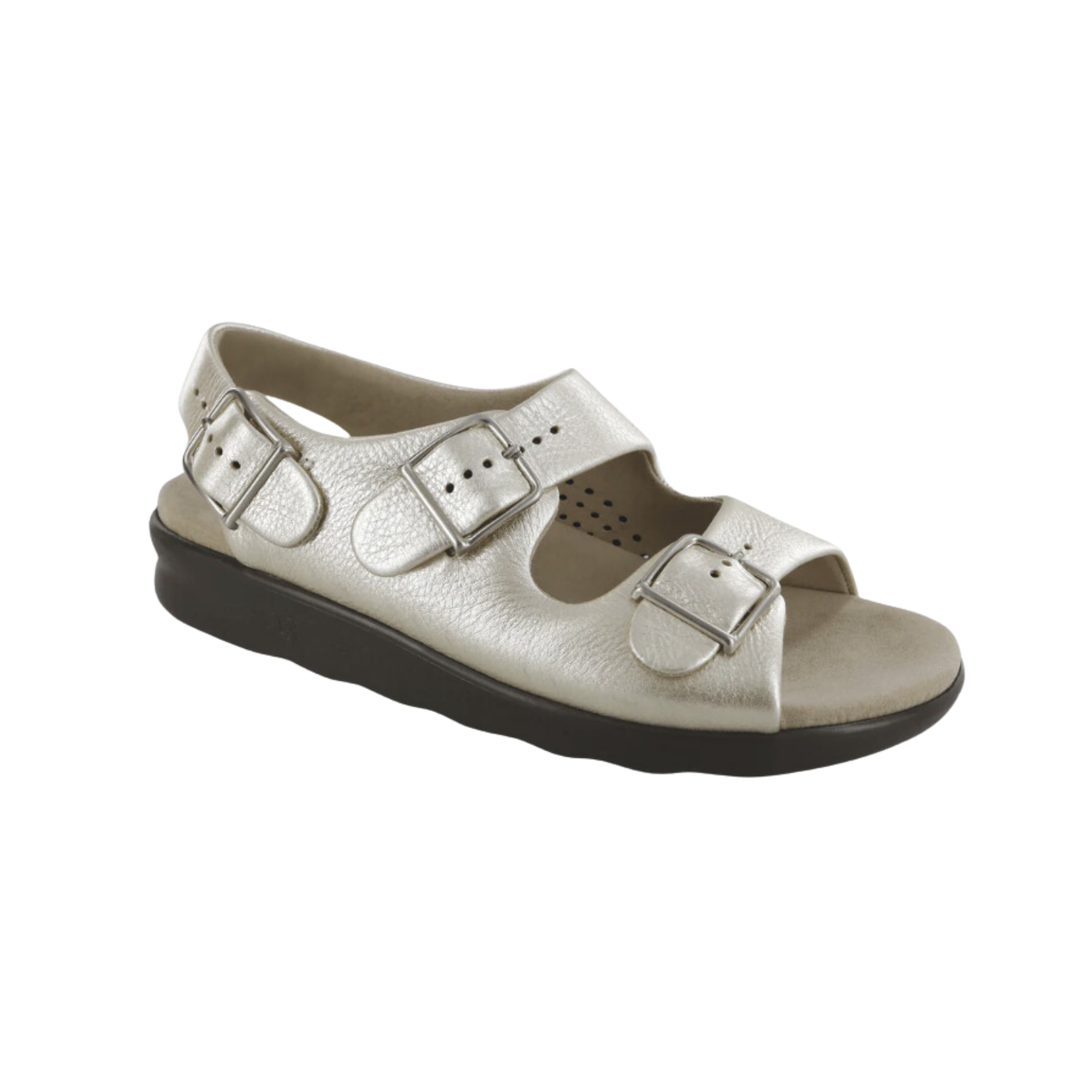 Angled view of Women’s SAS Relaxed 3-strap sandal in sunbeam — featuring adjustable straps for a secure and personalized fit, plush cushioned footbed for lasting comfort, a sturdy outsole providing traction and stability, and high-quality craftsmanship.