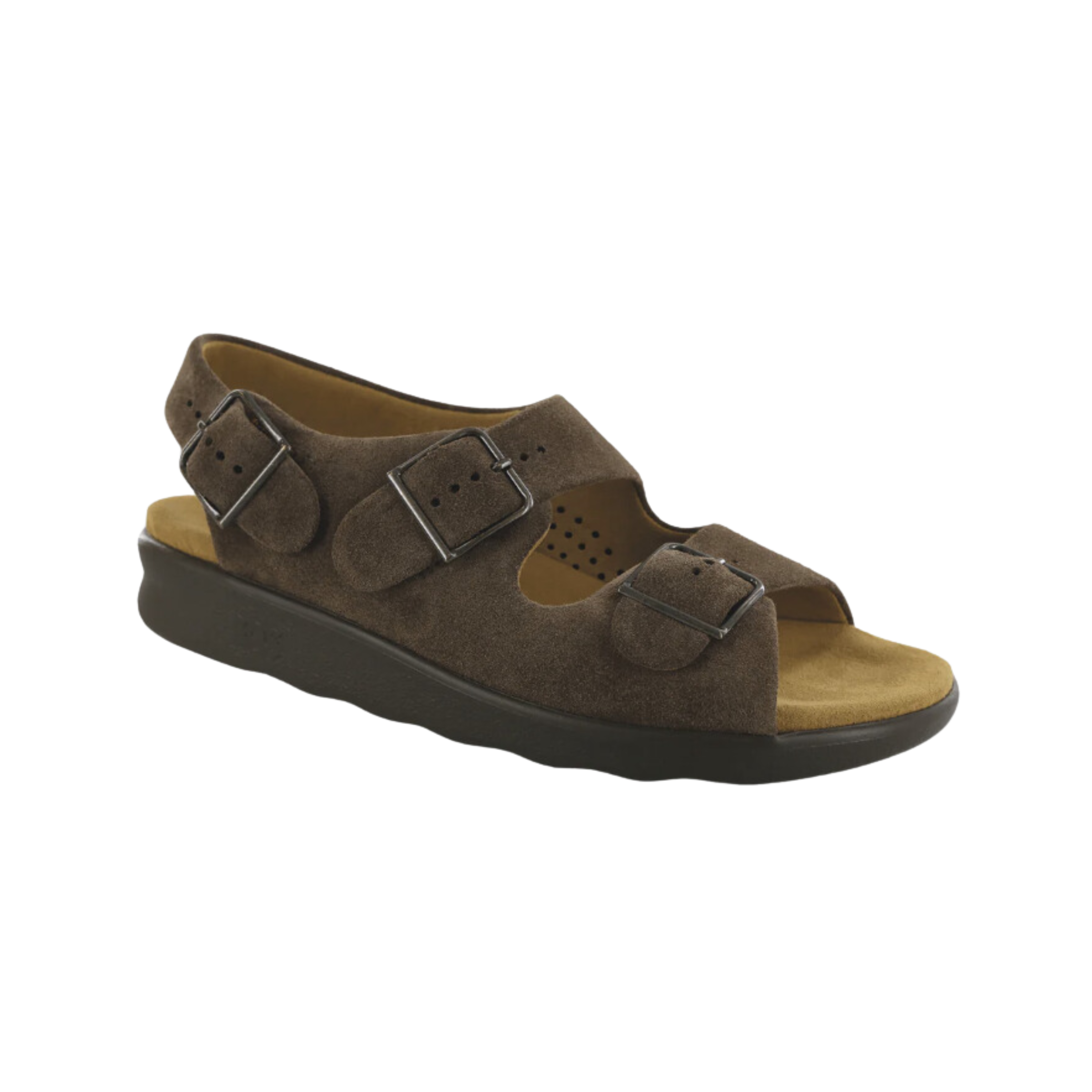 Angled view of Women’s SAS Relaxed 3-strap sandal in brown teddy — featuring adjustable straps for a perfect fit, memory foam cushioned footbed to provide comfort and support, a slip-resistant outsole for stability, and a robust build for long-lasting use.