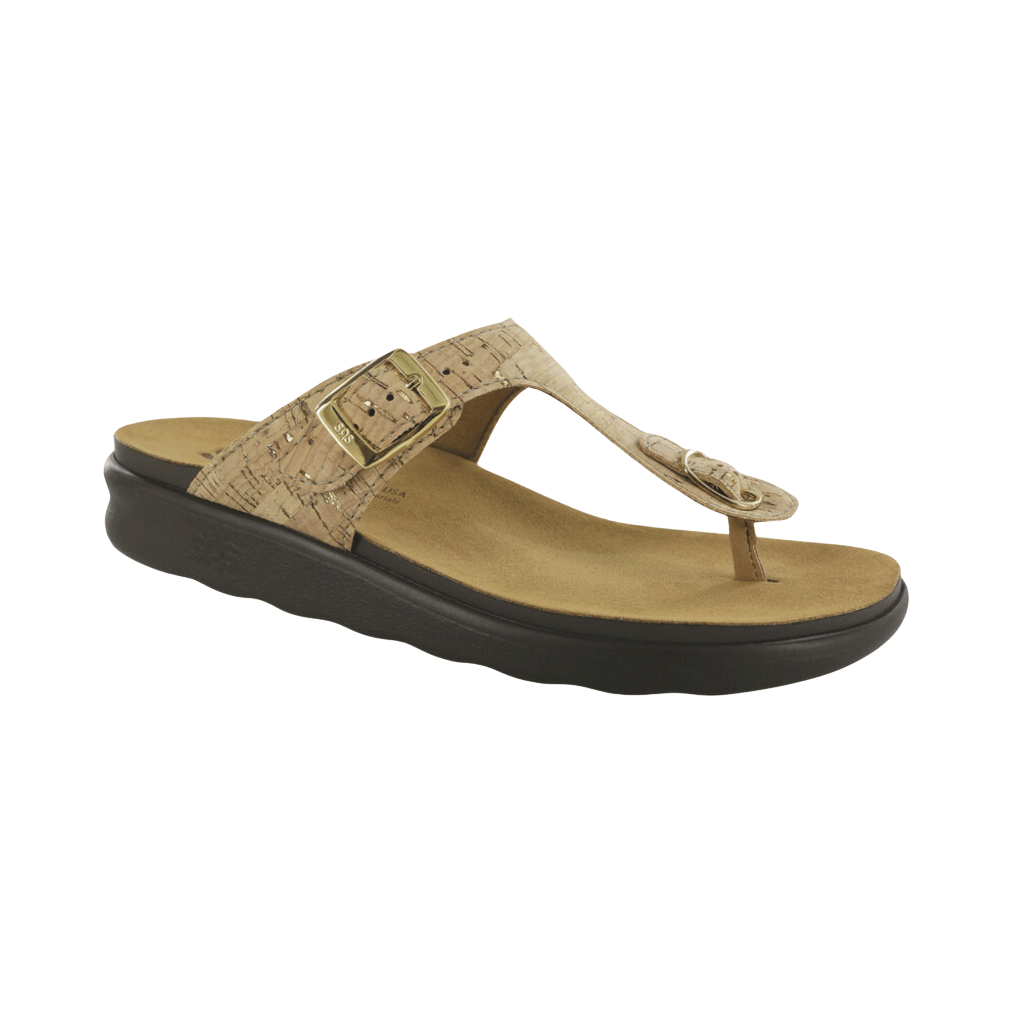 Side view of Women’s SAS Sanibel sandal in golden cork – featuring cushioned footbed for superior comfort, easy-to-adjust straps for a personalized fit, and durable outsole for reliable traction.