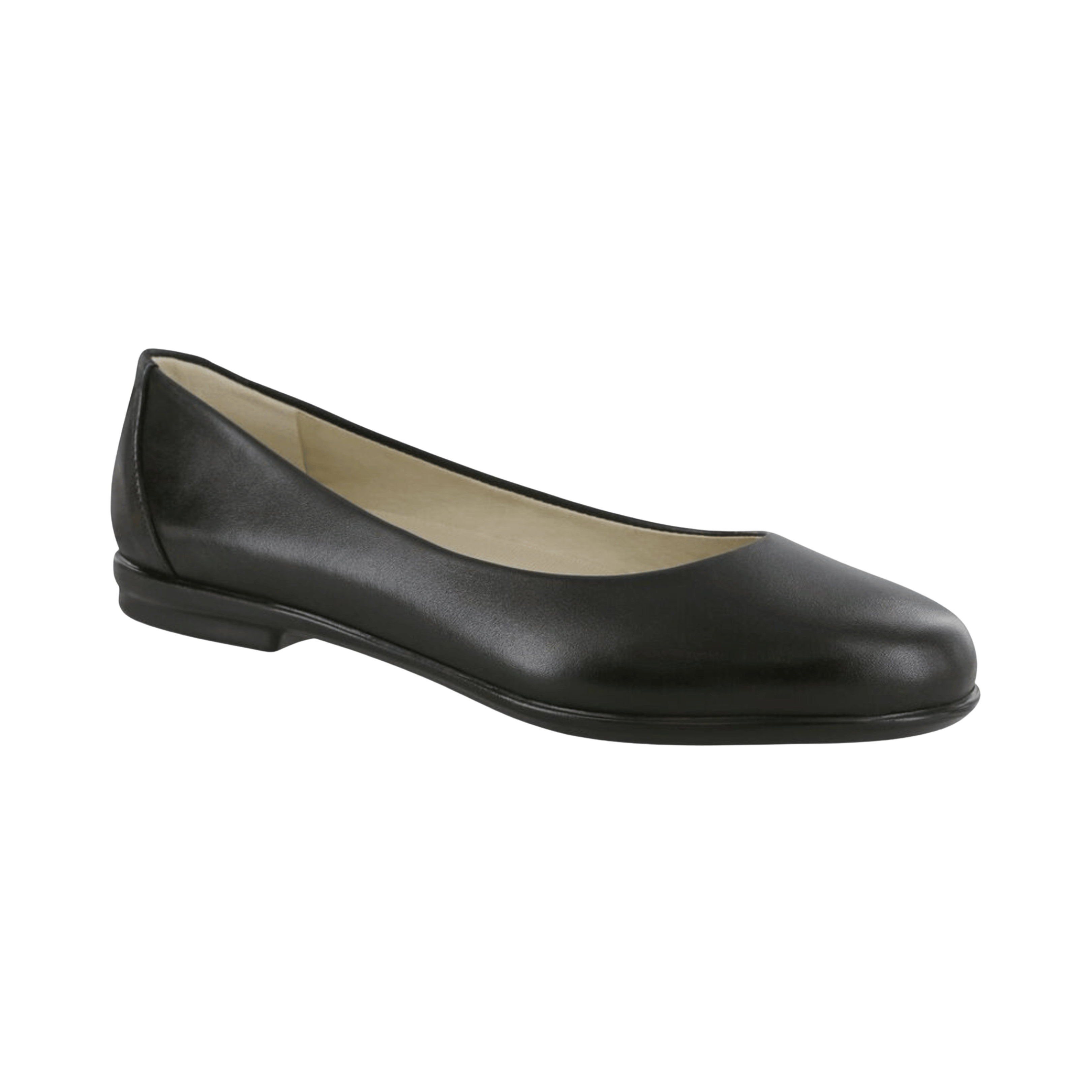 Side view of Women’s SAS Scenic Ballet Flat in black – featuring a sleek leather upper, elasticized topline for a snug fit, and a cushioned footbed for lightweight, all-day comfort.
