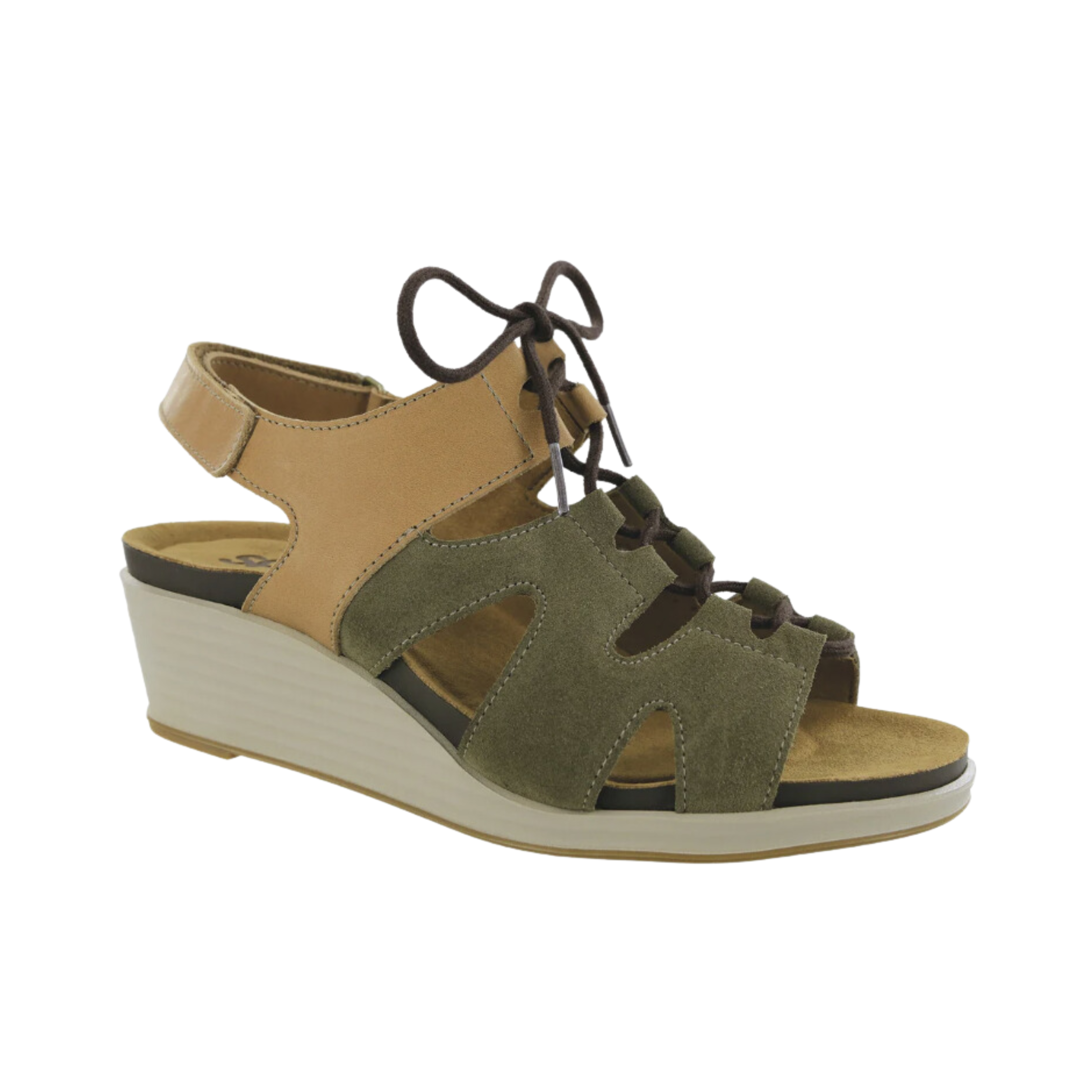 Side view of Women’s SAS Sedona sandal in sagebrush – featuring genuine leather straps with decorative stitching, contoured footbed for arch support, and a shock-absorbing sole for all-day cushioning.