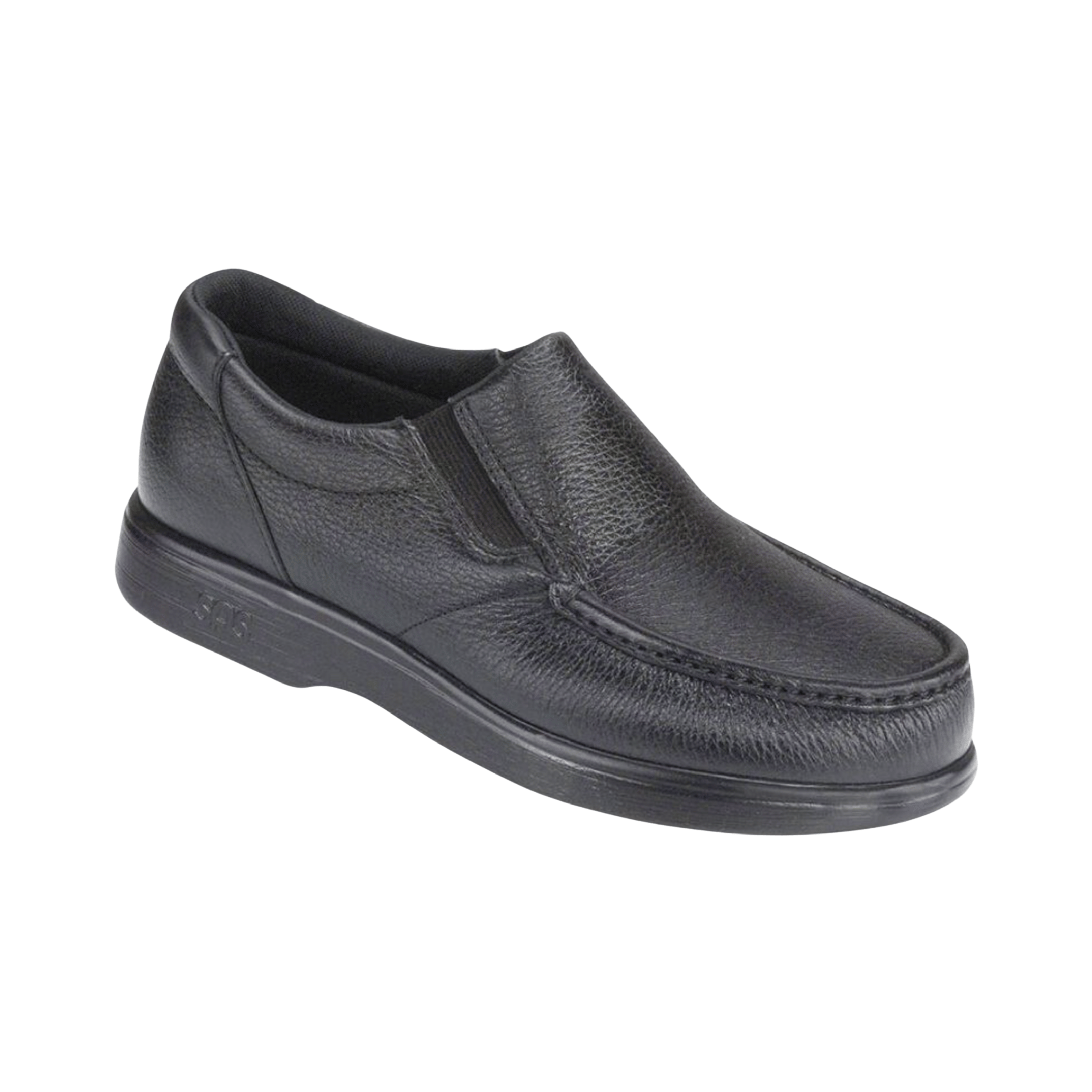 Side view of Men’s SAS Side Gore slip-on shoe in black – featuring smooth leather upper, dual elastic panels for easy on and off, and cushioned insole for all-day walking comfort.