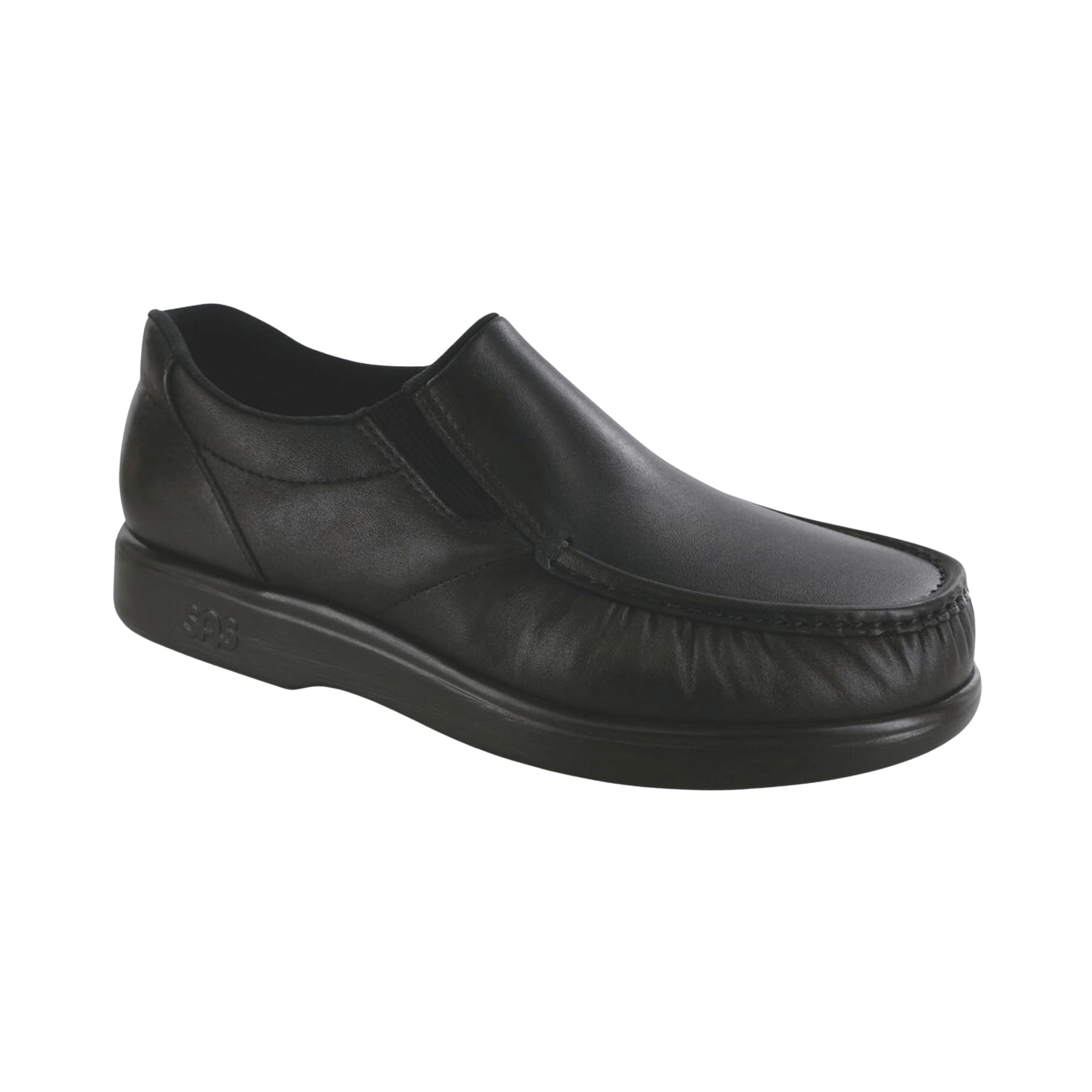 Side view of Men’s SAS Side Gore slip-on shoe in black smooth – featuring a polished leather upper, dual elastic gores for easy on and off, and a cushioned insole for all-day walking comfort.