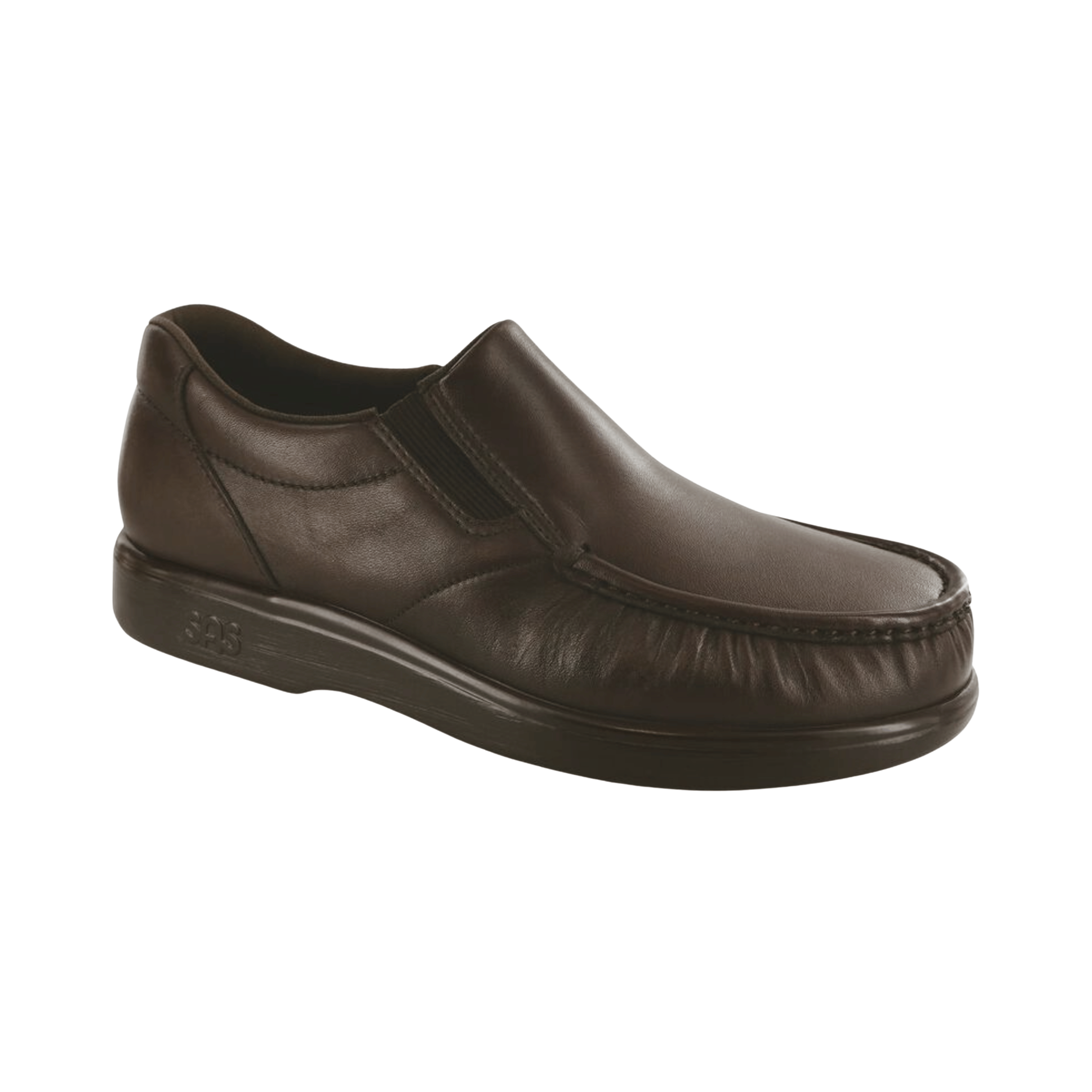 Side view of Men’s SAS Side Gore slip-on shoe in brown – featuring flexible stretch panels for easy on and off, cushioned insole for all-day comfort, and sturdy outsole for excellent durability.