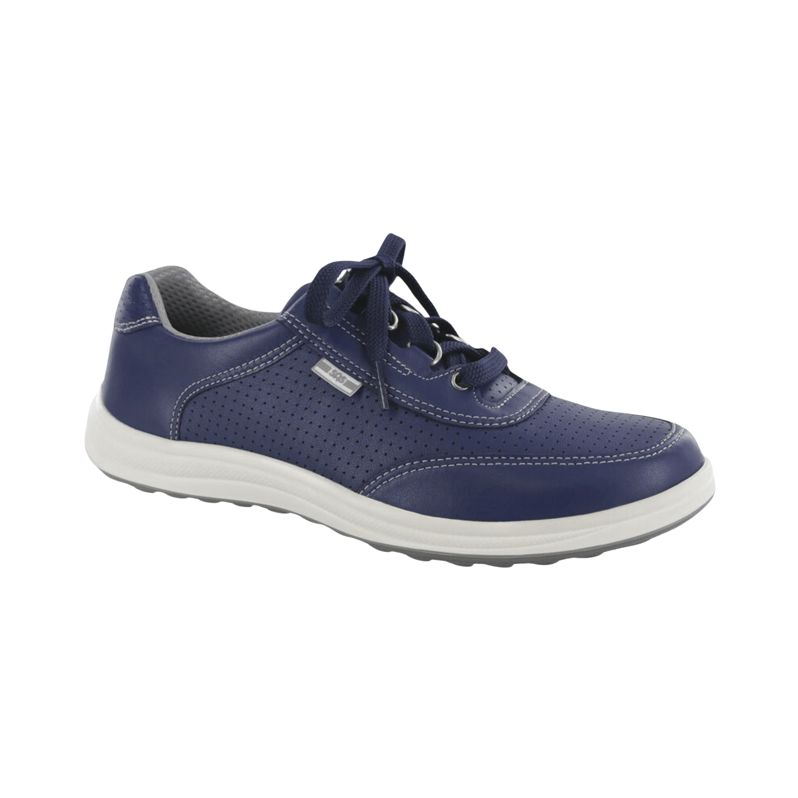 Side view of Women’s SAS Sporty Lux sneaker in blue perf – featuring perforated leather upper for enhanced breathability, cushioned footbed for all-day support, and flexible outsole for lightweight comfort.