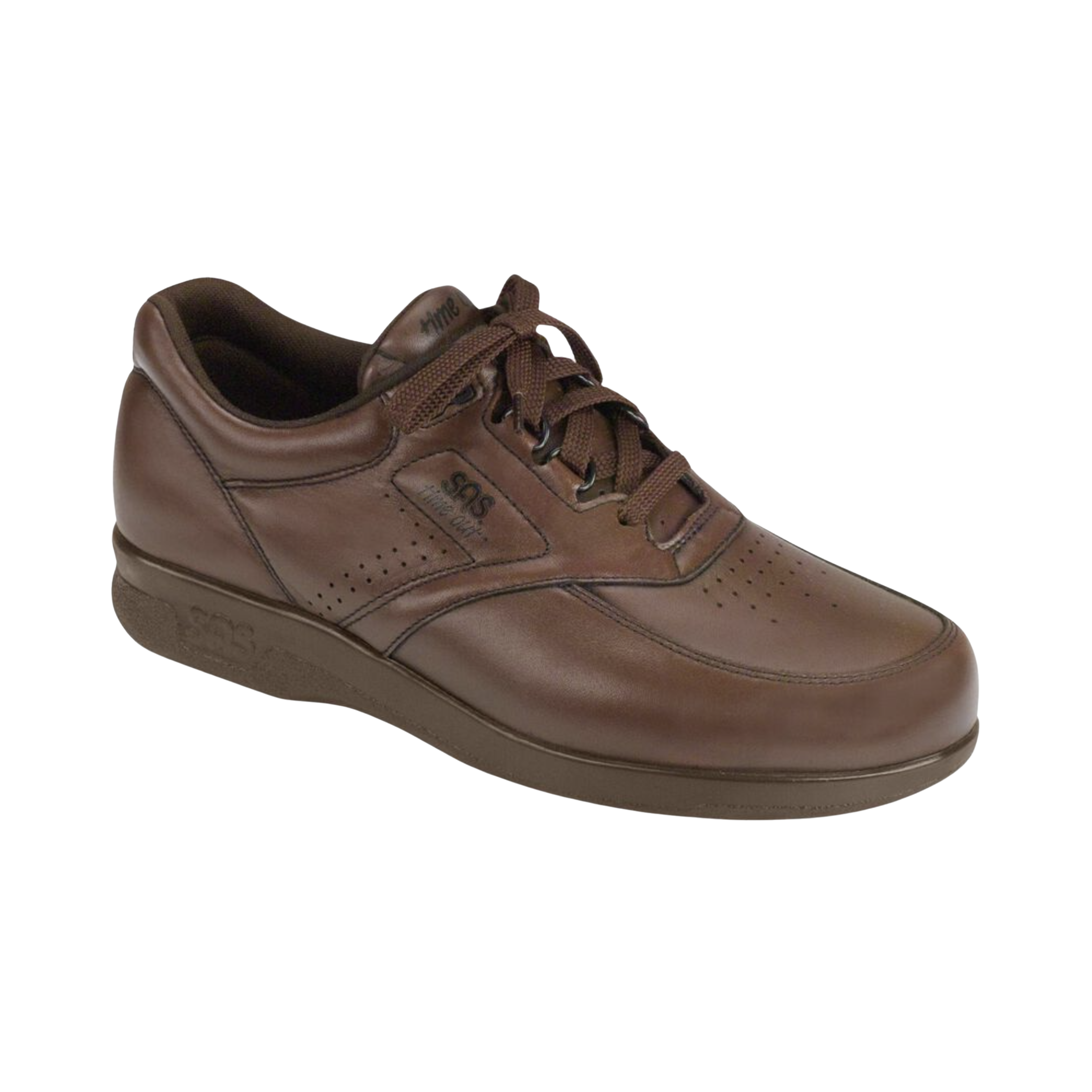 Angled view of Men’s SAS Time Out shoe in antique walnut – featuring rich leather construction, supportive cushioned insole, and a durable sole designed for stability and long-lasting comfort.