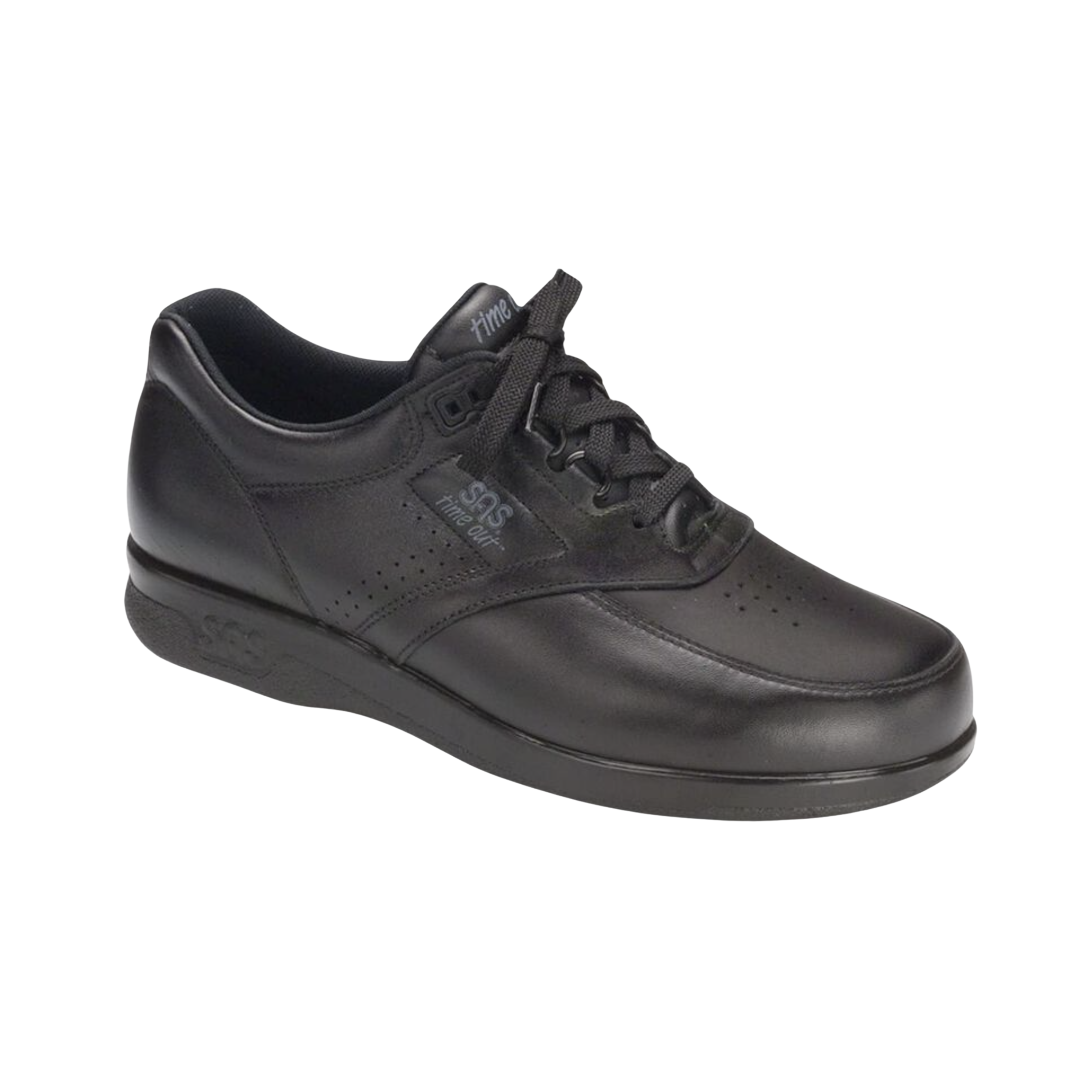 Angled view of Men’s SAS Time Out shoe in black – featuring smooth leather upper, plush cushioned footbed for superior support, and a shock-absorbing sole ideal for all-day walking comfort.