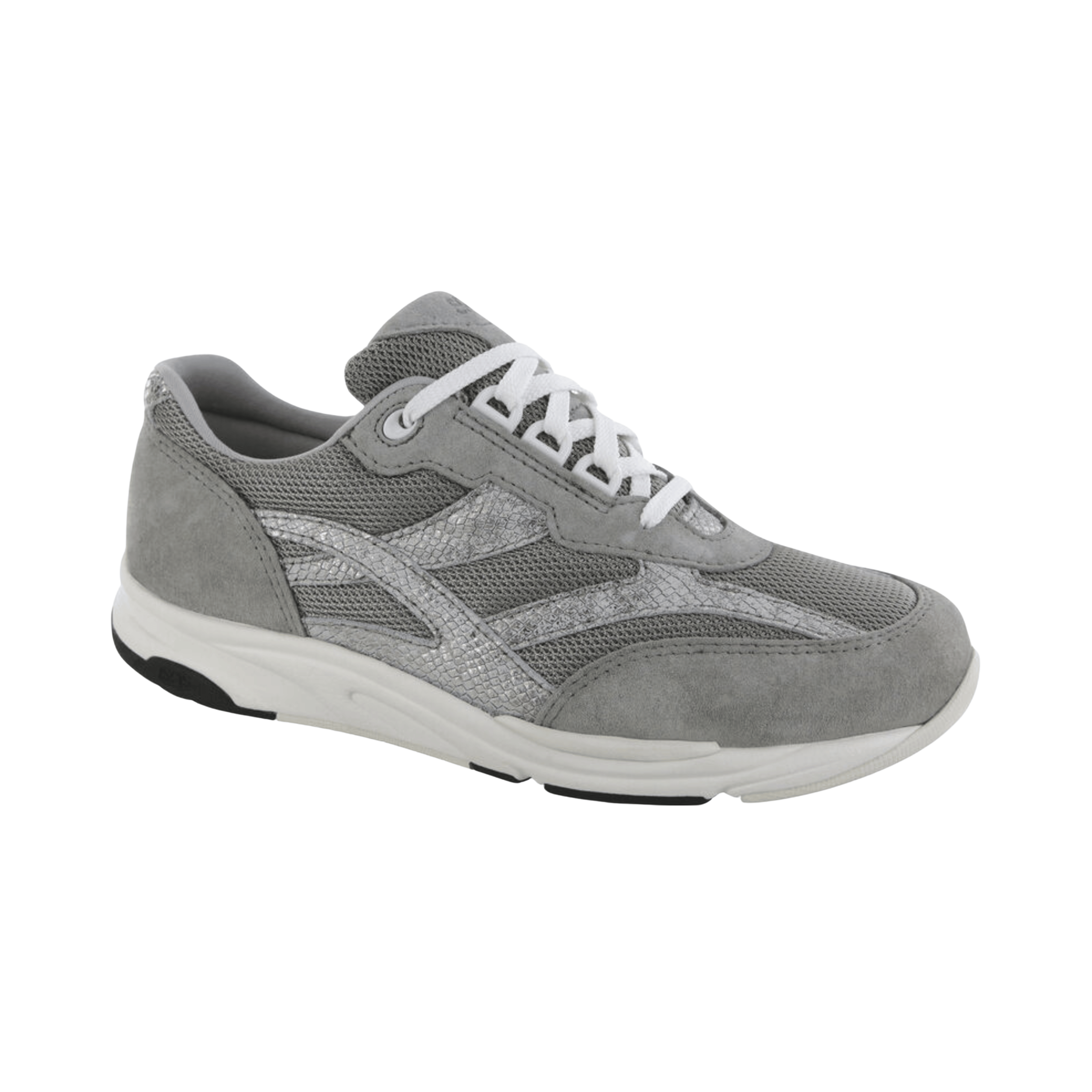 Side view of Women’s SAS Tour Mesh sneaker in plata mix – featuring a breathable mesh and leather upper, removable contoured footbed for arch and pressure point support, and a shock-absorbing outsole for long-lasting walking comfort.