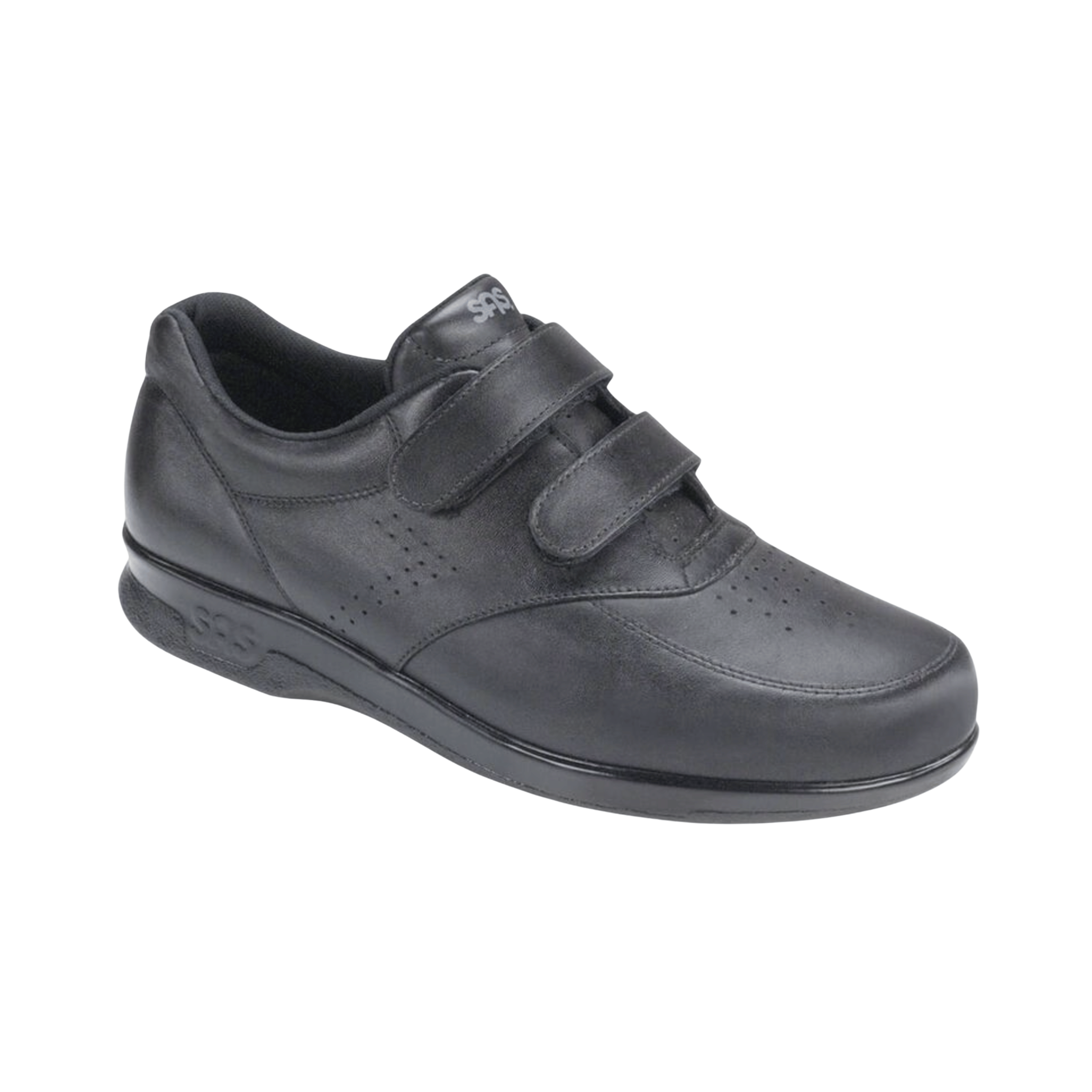 Side view of Men’s SAS VTO walking shoe in black – featuring adjustable hook-and-loop straps for easy fit, cushioned footbed for support, and a shock-absorbing sole for stability and comfort.