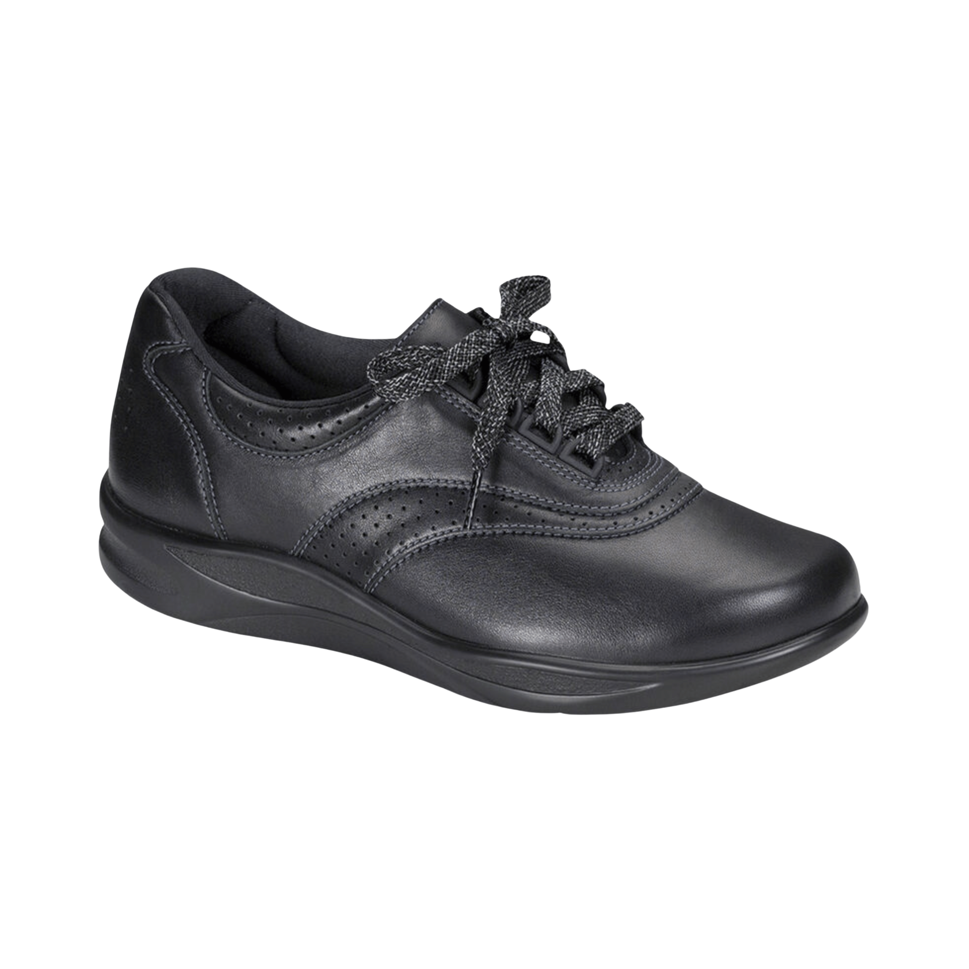 Side view of Women’s SAS Walk Easy sandal in black – featuring soft leather straps with adjustable closures, cushioned contoured footbed for support, and a lightweight, slip-resistant sole for comfortable all-day wear.