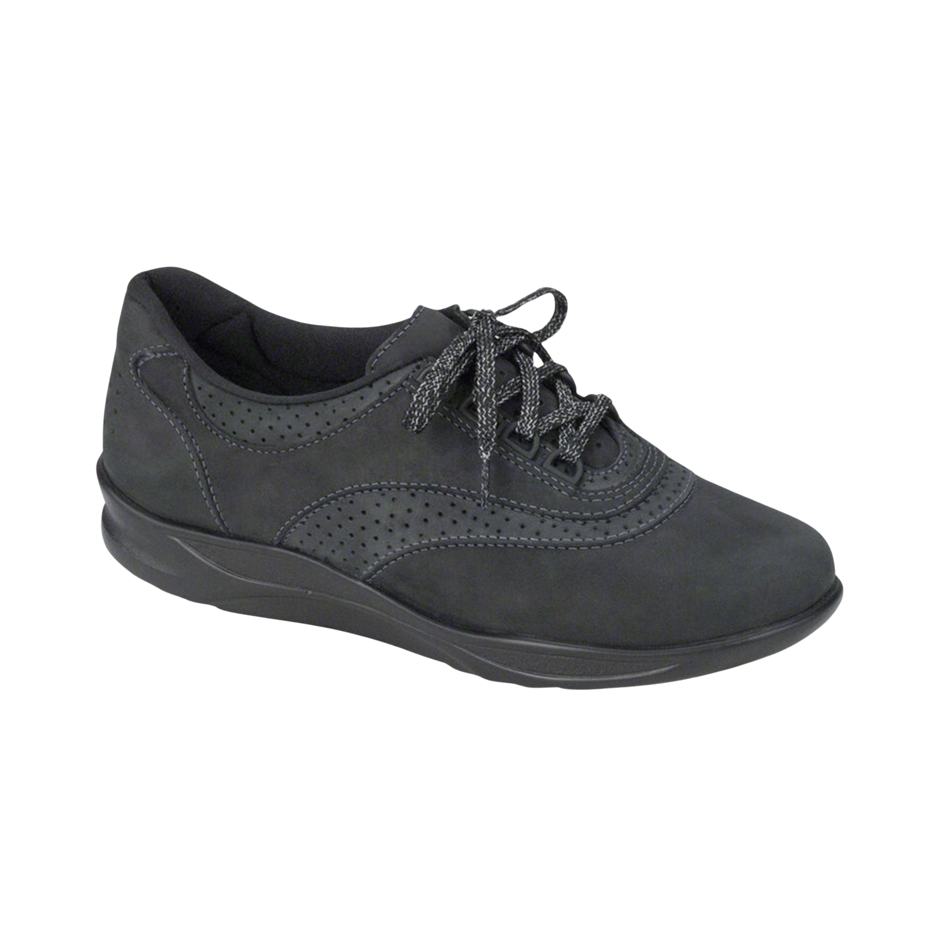 Side View of Women’s SAS Walk Easy Nero walking shoe in black – featuring premium leather upper, EZ Lace system for secure fit, and lightweight shock-absorbing sole.