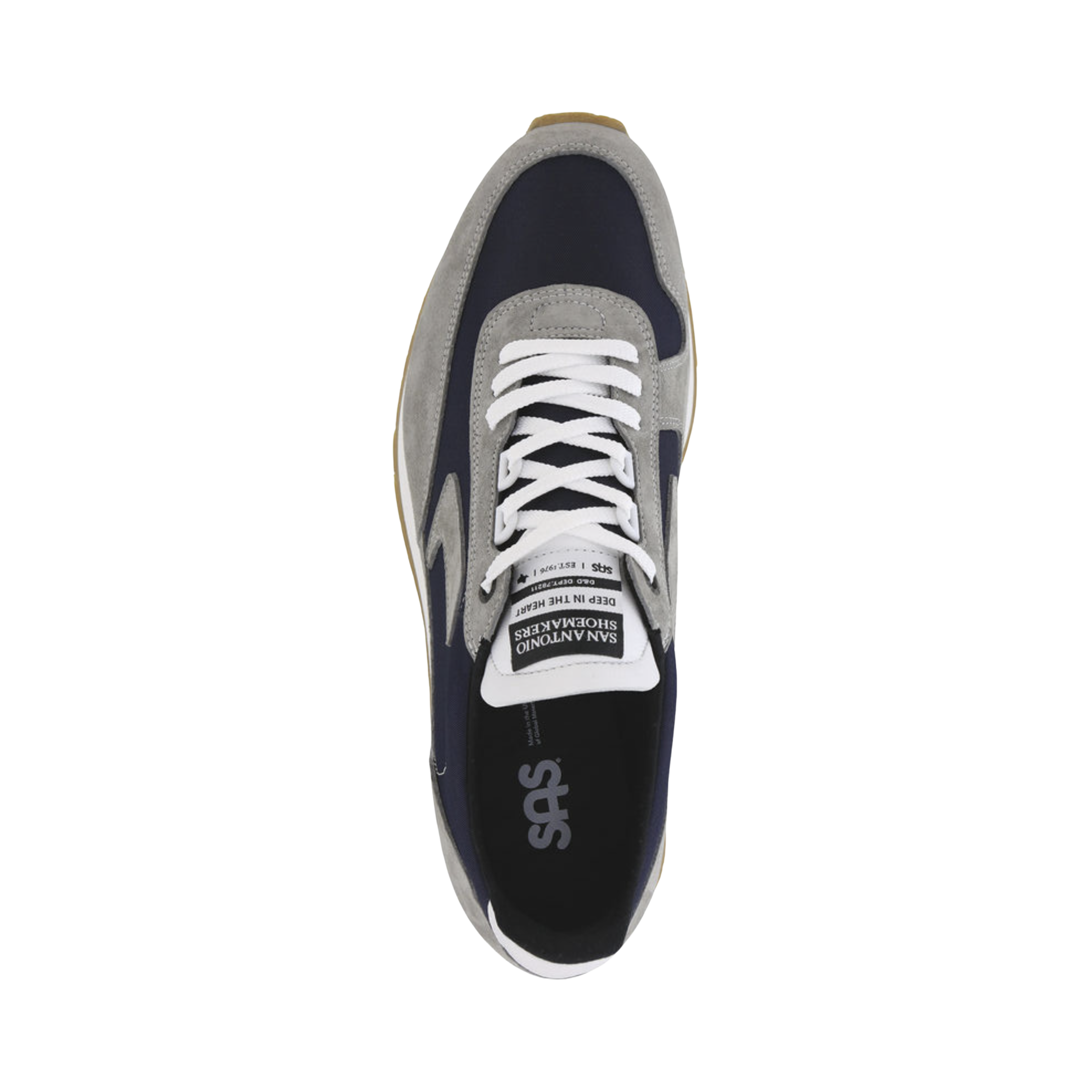 Top view of Men’s SAS 7eventy6ix-Y sneaker in stone blue – featuring a smooth suede and mesh upper, padded tongue, and cushioned interior for comfort and support.