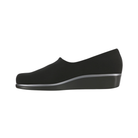 Side View of Women’s SAS Bliss slip-on shoe in black – featuring elastic side panels for easy on/off, lightweight cushioning, and smooth leather finish for a sleek look.