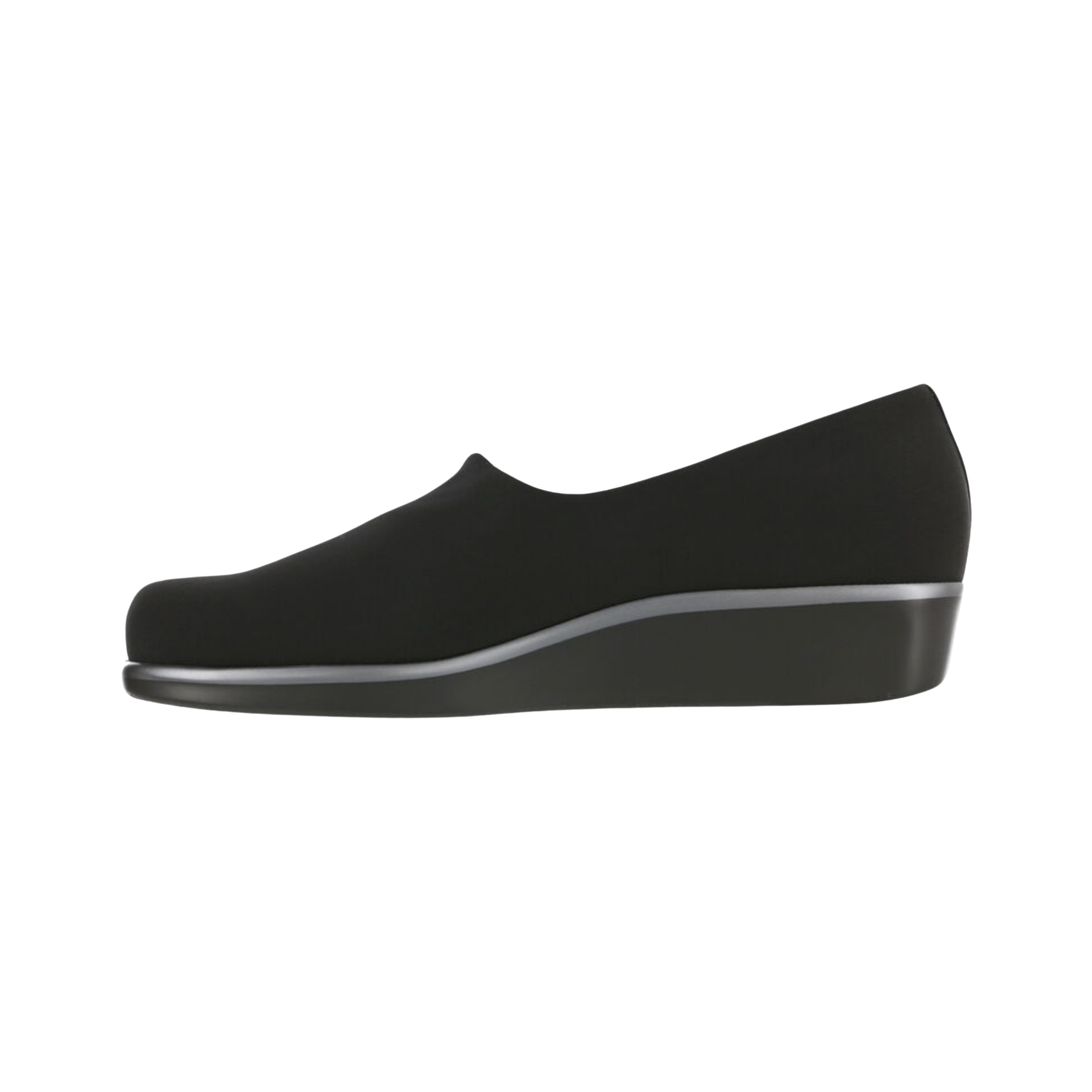 Side View of Women’s SAS Bliss slip-on shoe in black – featuring elastic side panels for easy on/off, lightweight cushioning, and smooth leather finish for a sleek look.