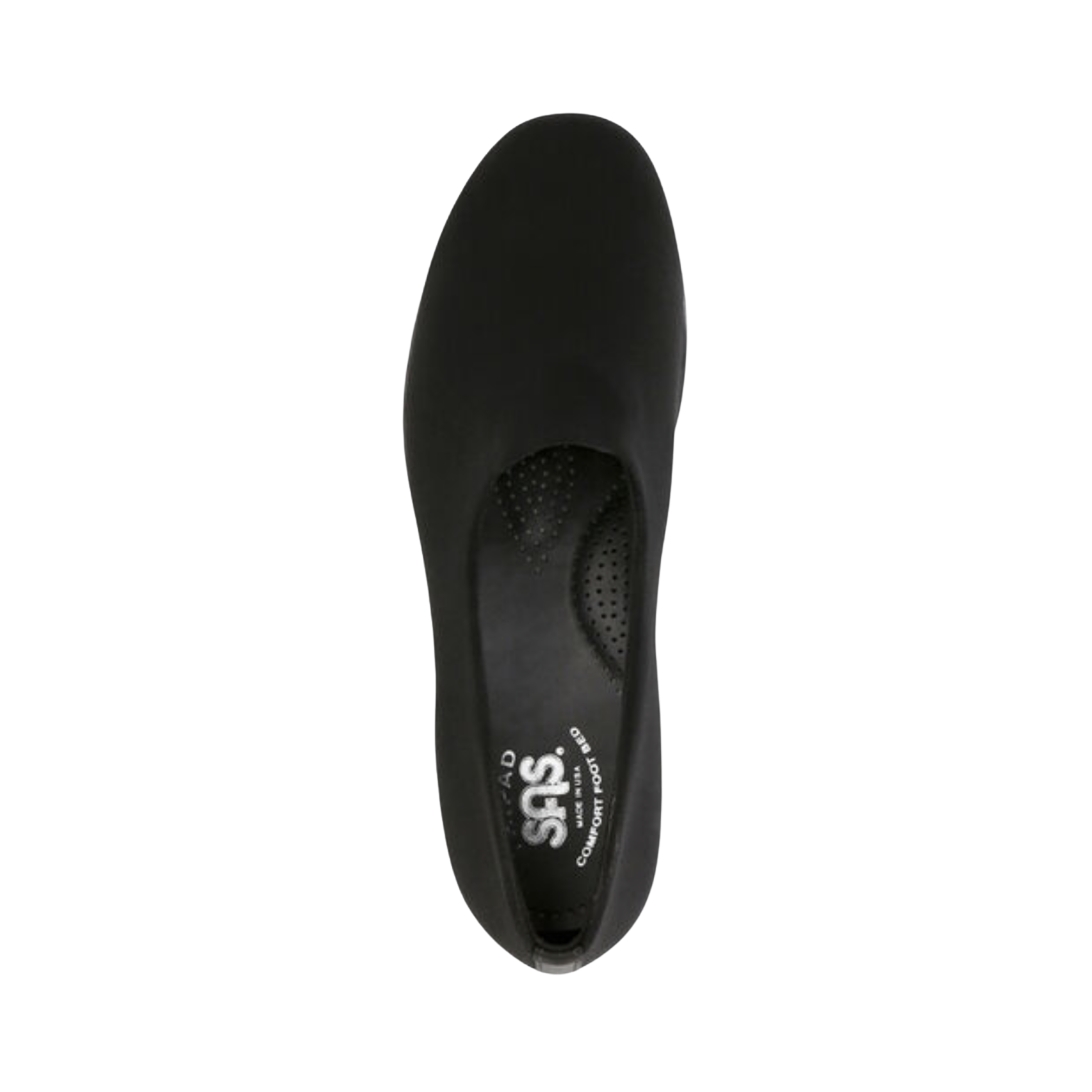 Top View of Women’s SAS Bliss slip-on shoe in black – featuring soft leather upper with breathable perforations, cushioned removable footbed with arch support, and padded collar for enhanced comfort.