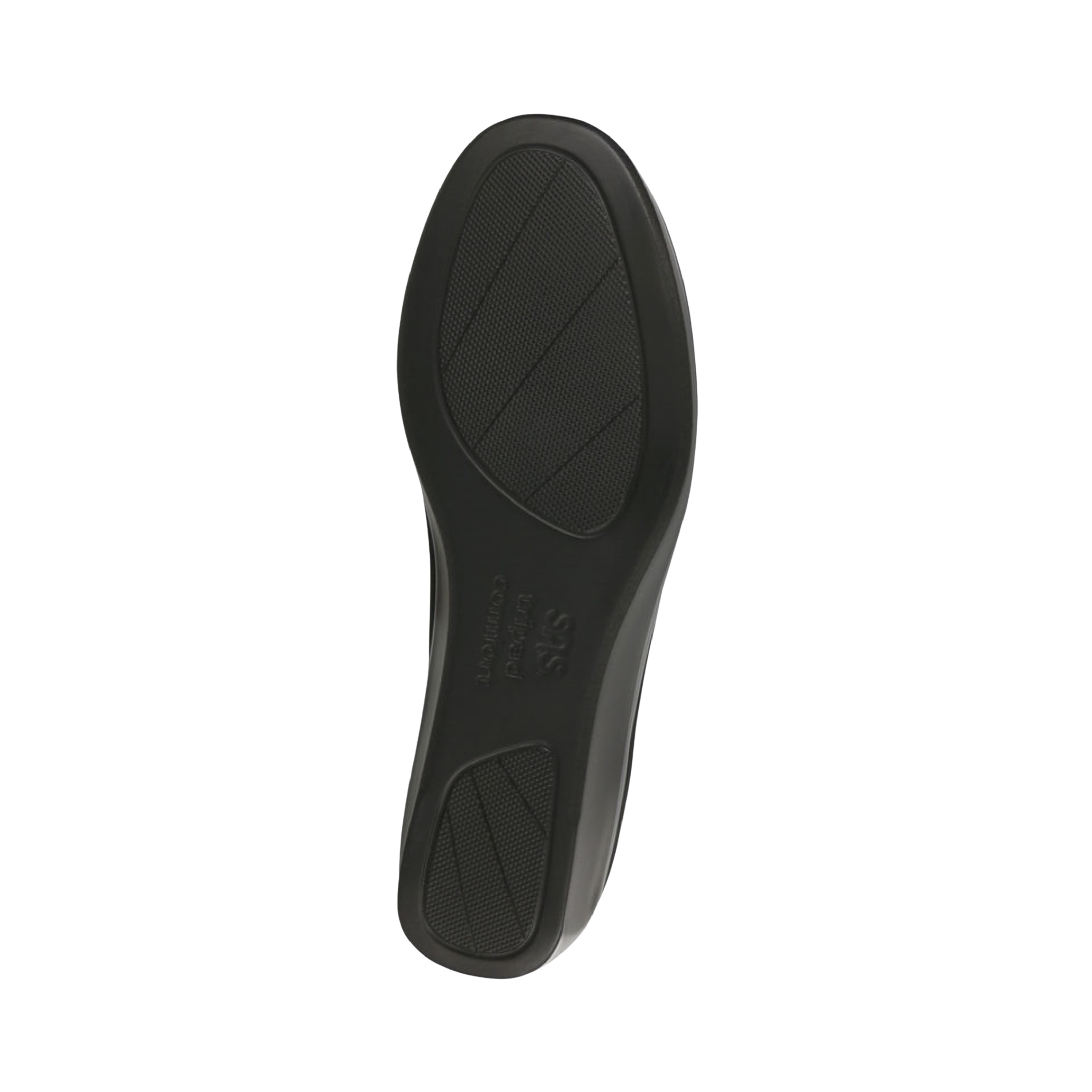 Bottom View of Women’s SAS Bliss slip-on shoe in black – featuring durable rubber outsole with traction pattern designed for stability on various surfaces.