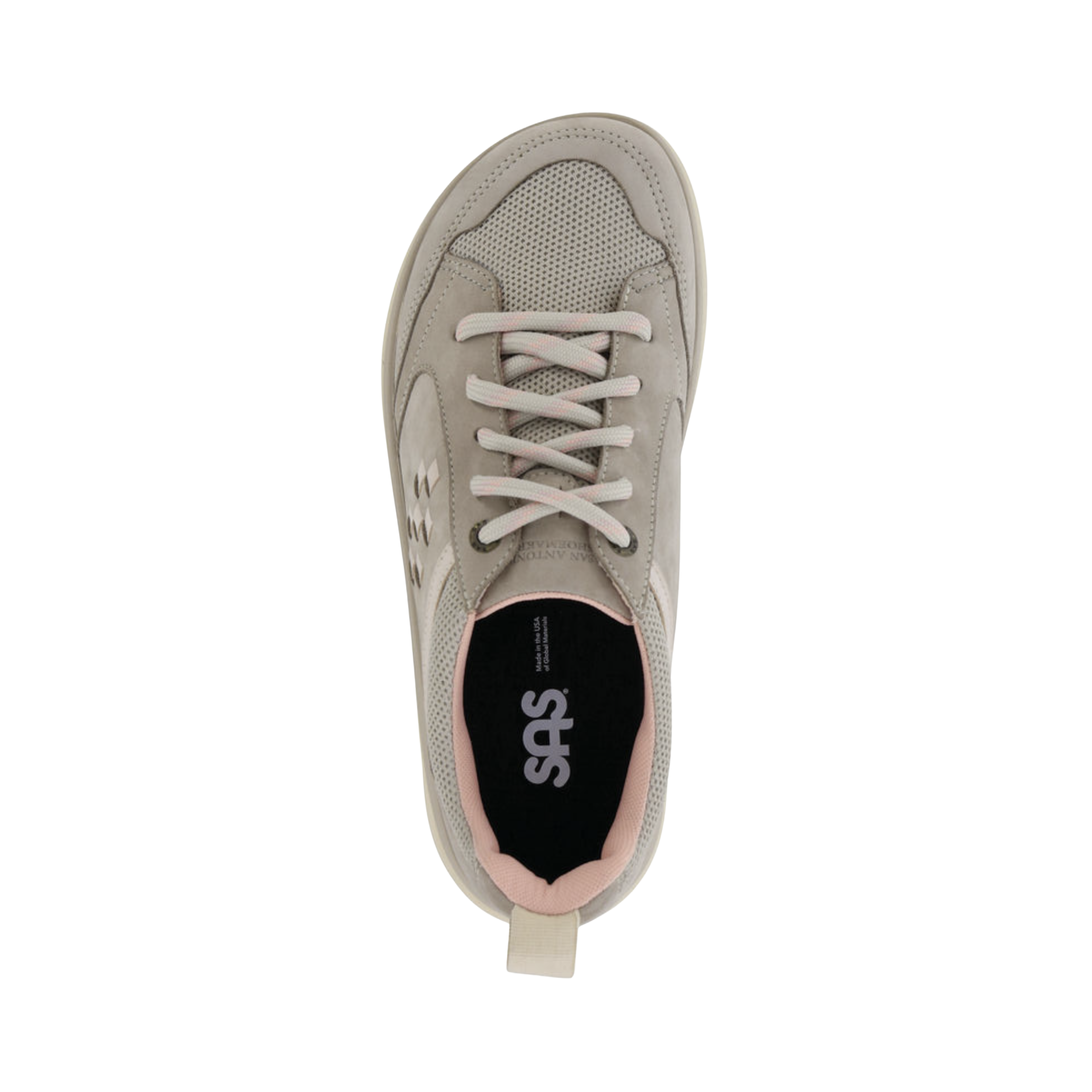 Top View of Women’s SAS Boulder sneaker in taupe pink – featuring breathable mesh upper with soft overlays, cushioned removable footbed with arch support, and padded collar for all-day comfort.