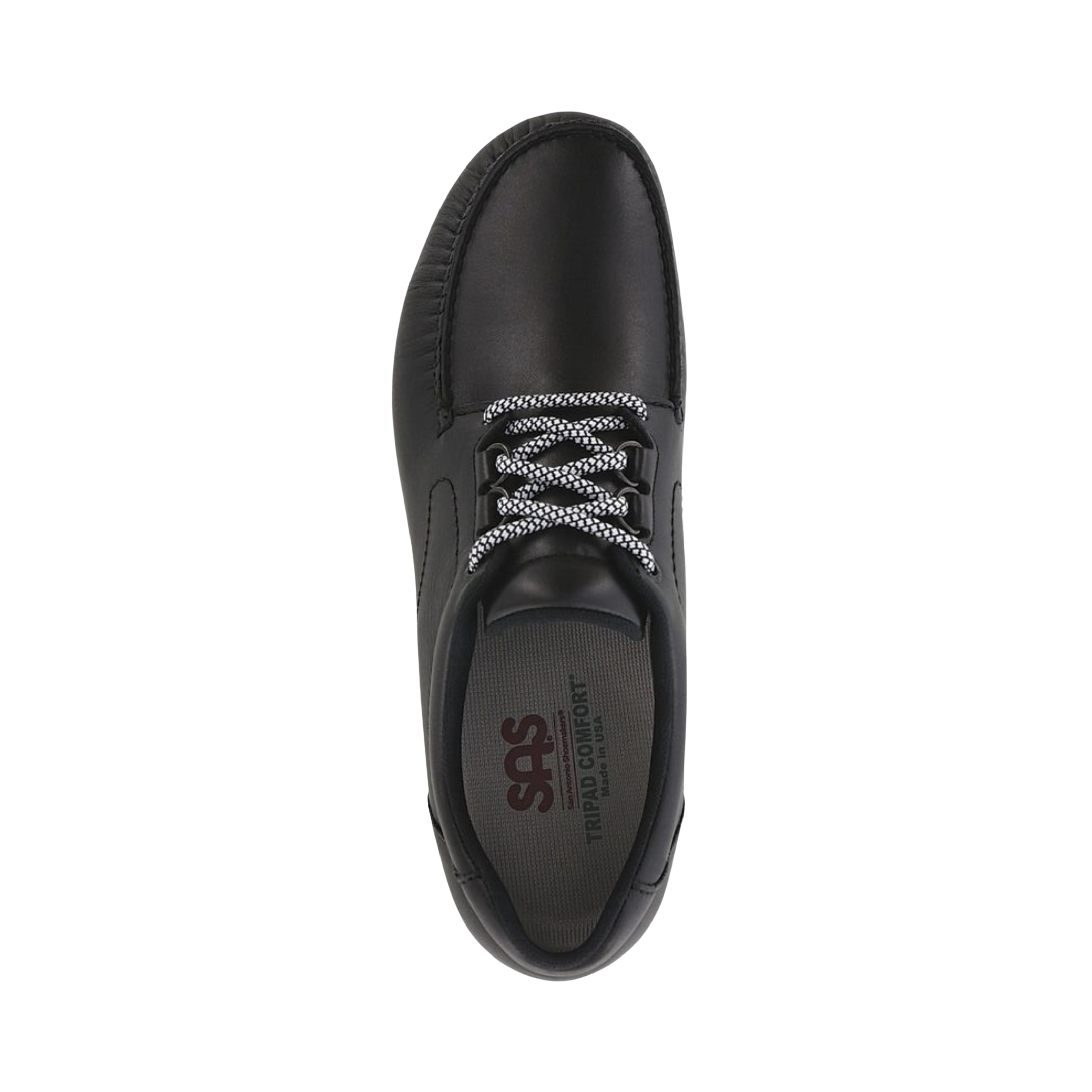 Top view of Men’s SAS Bout Time LT casual shoe in matte black – featuring a streamlined leather upper, padded collar, and ergonomic footbed for everyday comfort.