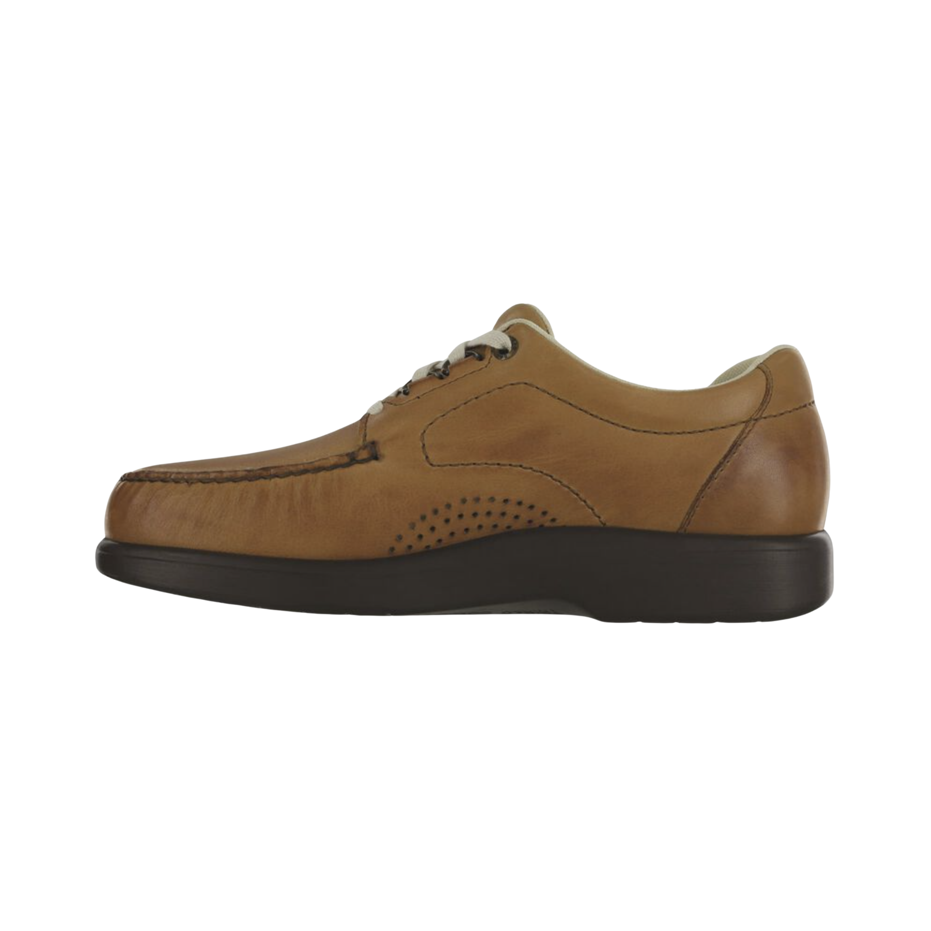 Side View of men’s SAS Bout Time Lux shoe in hazel –  featuring rich hazel leather finish, cushioned collar, and lightweight sole for superior walking comfort.