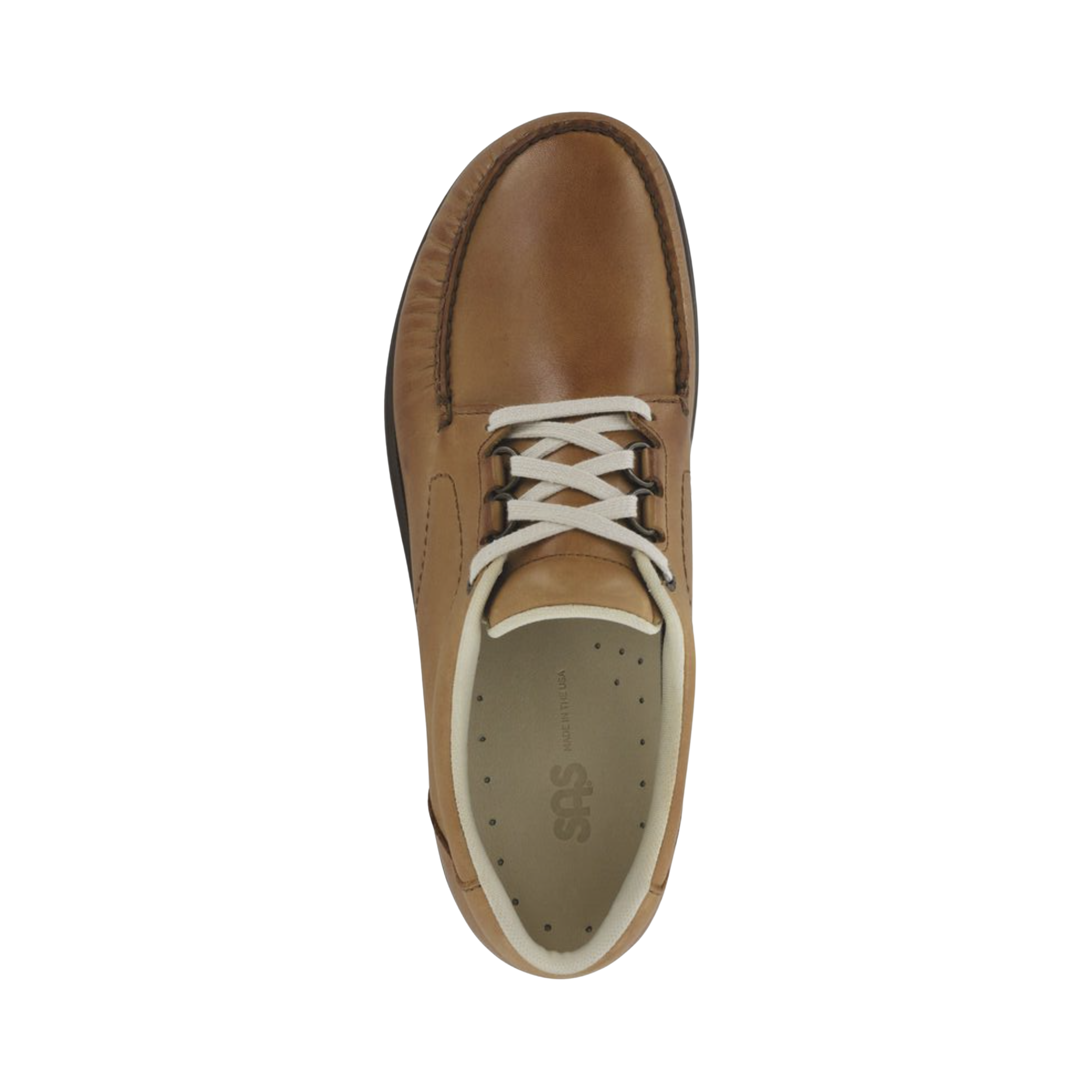 Top View of men’s SAS Bout Time Lux shoe in hazel – featuring premium full-grain leather upper with hand-laced moccasin construction and padded tongue for added comfort.