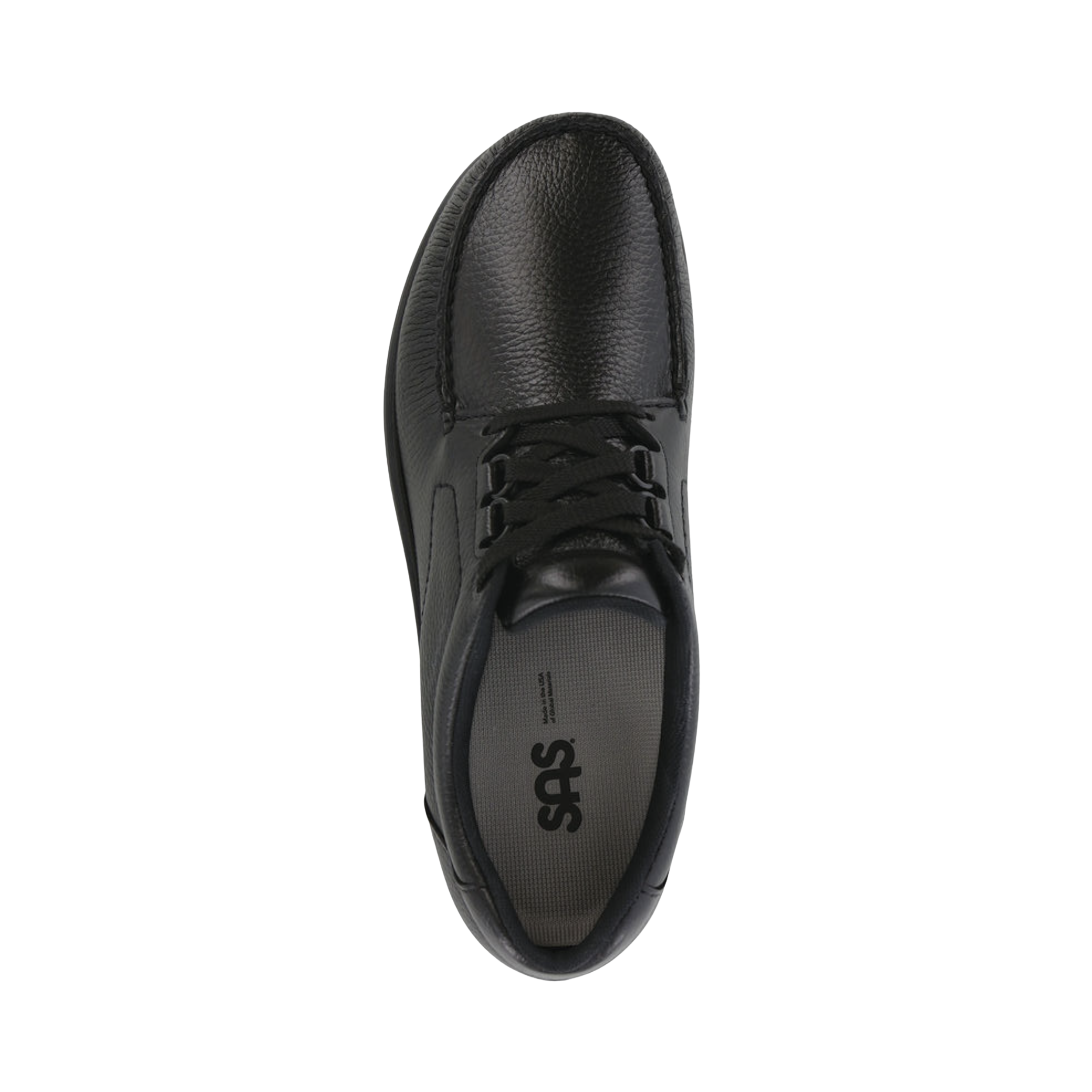 Top view of Men’s SAS Bout Time casual shoe in black – featuring a handcrafted leather upper, padded tongue for added comfort, and cushioned interior lining for a soft, supported fit.