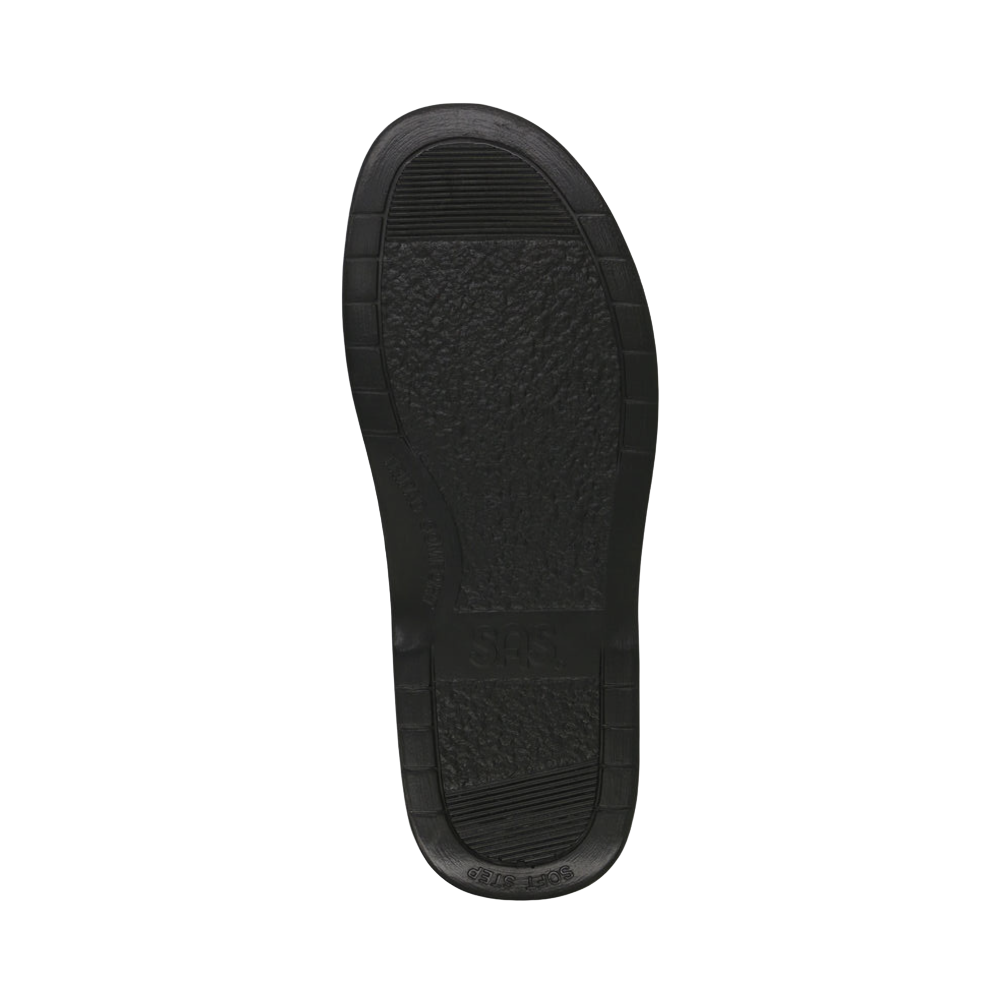 Bottom view of Men’s SAS Bout Time casual shoe in black – featuring a durable rubber outsole with slip-resistant tread, flexible grooves, and lightweight stability for everyday wear.
