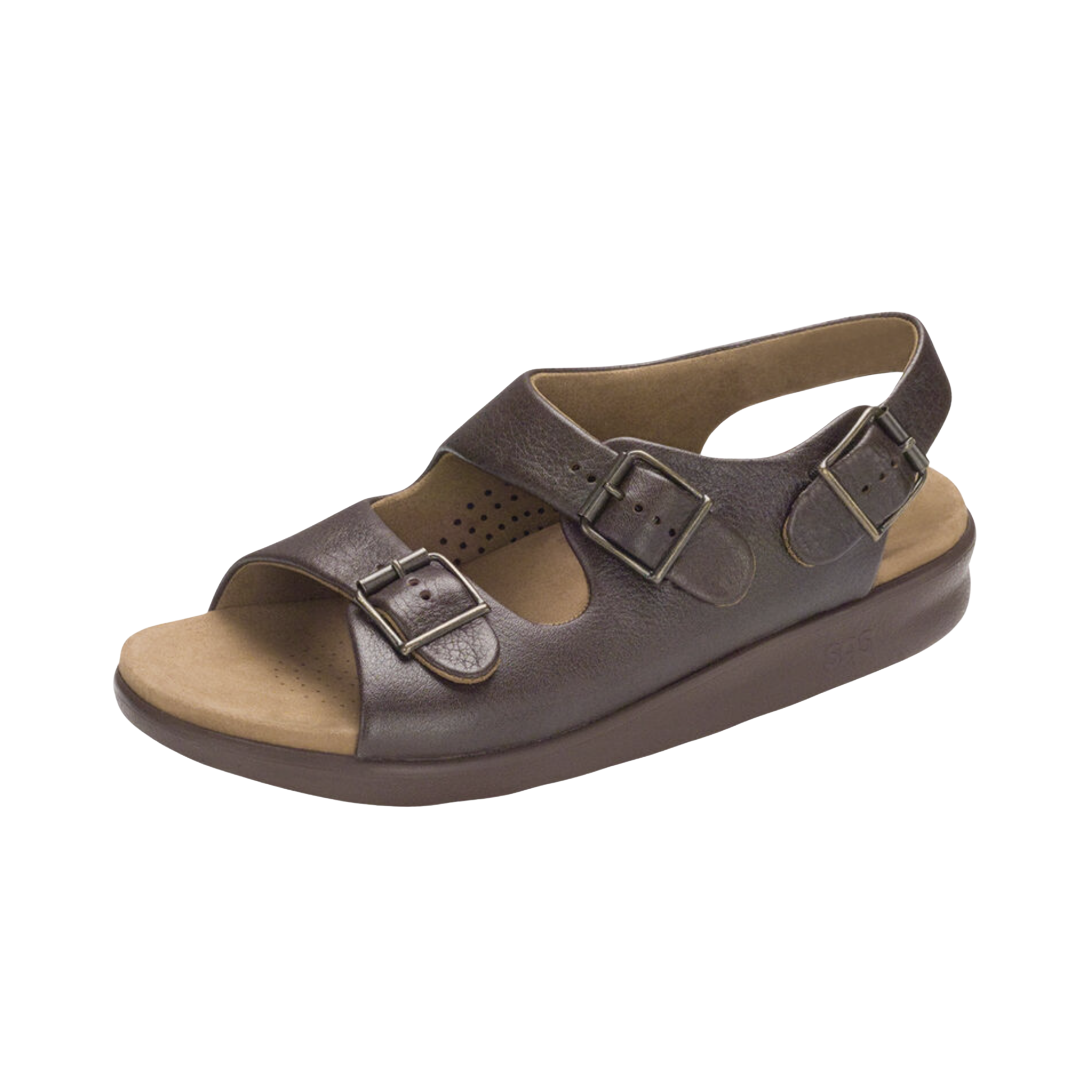 Angled View of women’s SAS Bravo sandal in brown –  featuring elegant, everyday style with orthopedic features like TRIPAD® cushioning and lightweight sole construction.