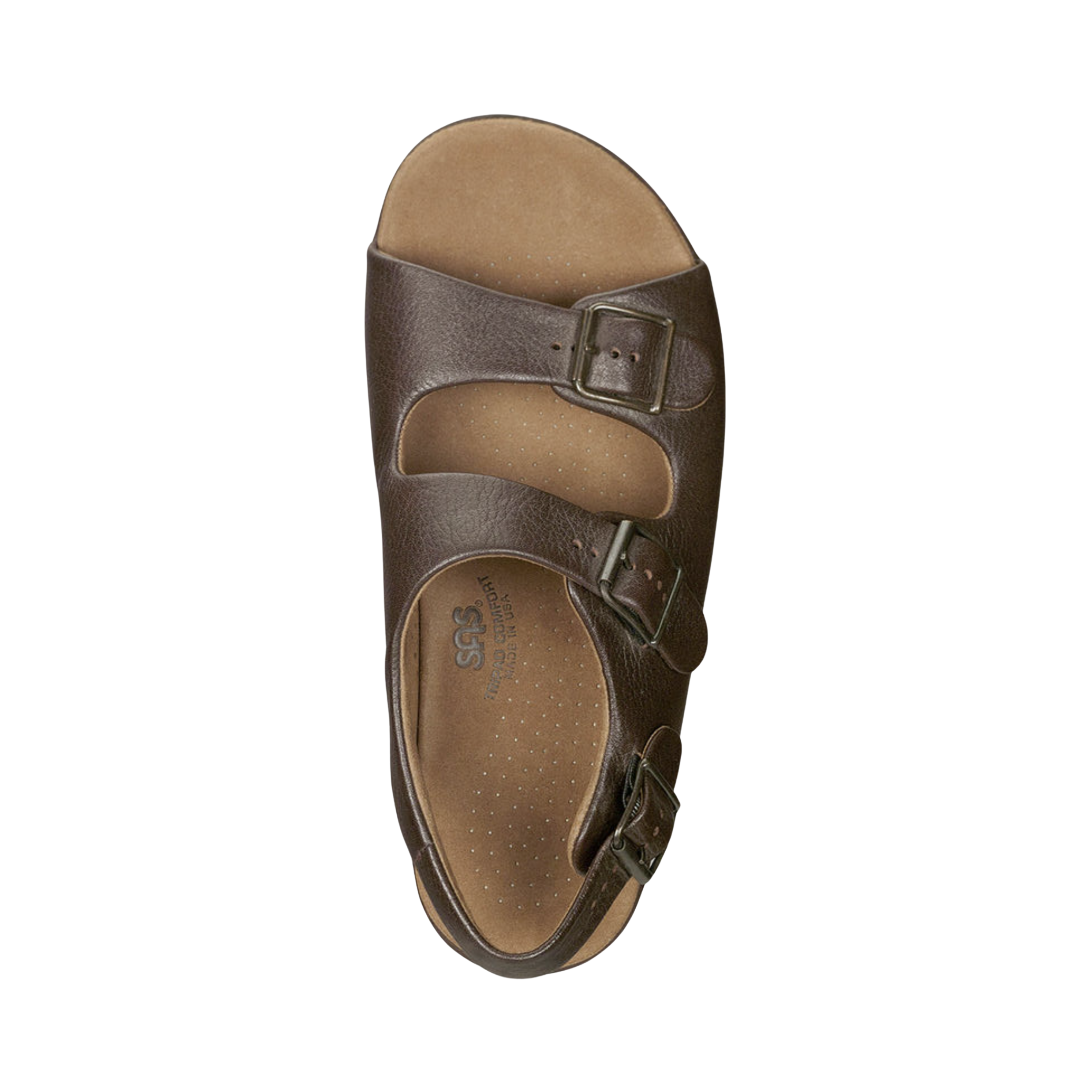 Top View of women’s SAS Bravo sandal in brown –  featuring wide leather straps with adjustable hook-and-loop closures and a contoured cushioned footbed for all-day comfort.