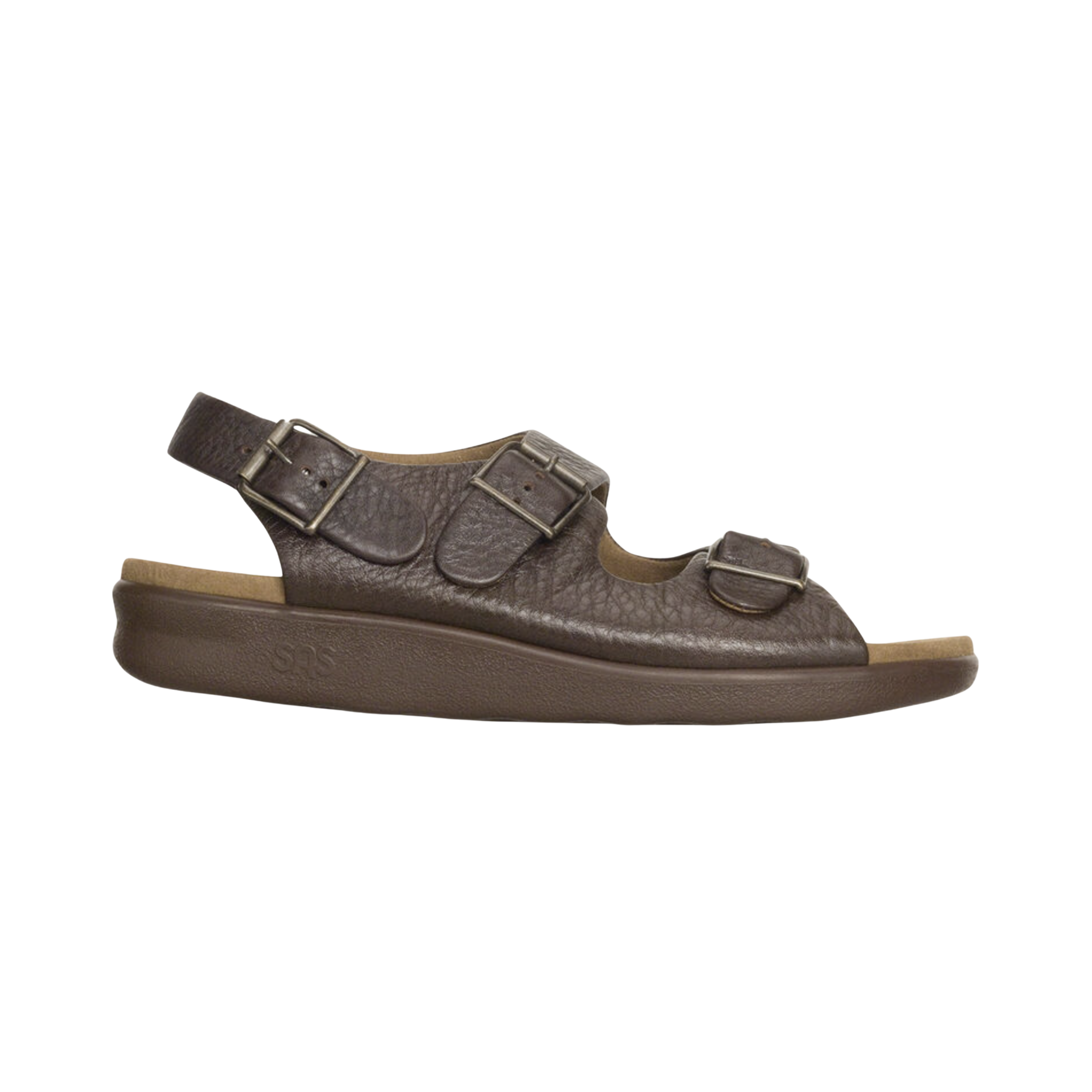 Side View of women’s SAS Bravo sandal in brown –  featuring soft genuine leather upper, triple-strap design, and shock-absorbing sole for added support.