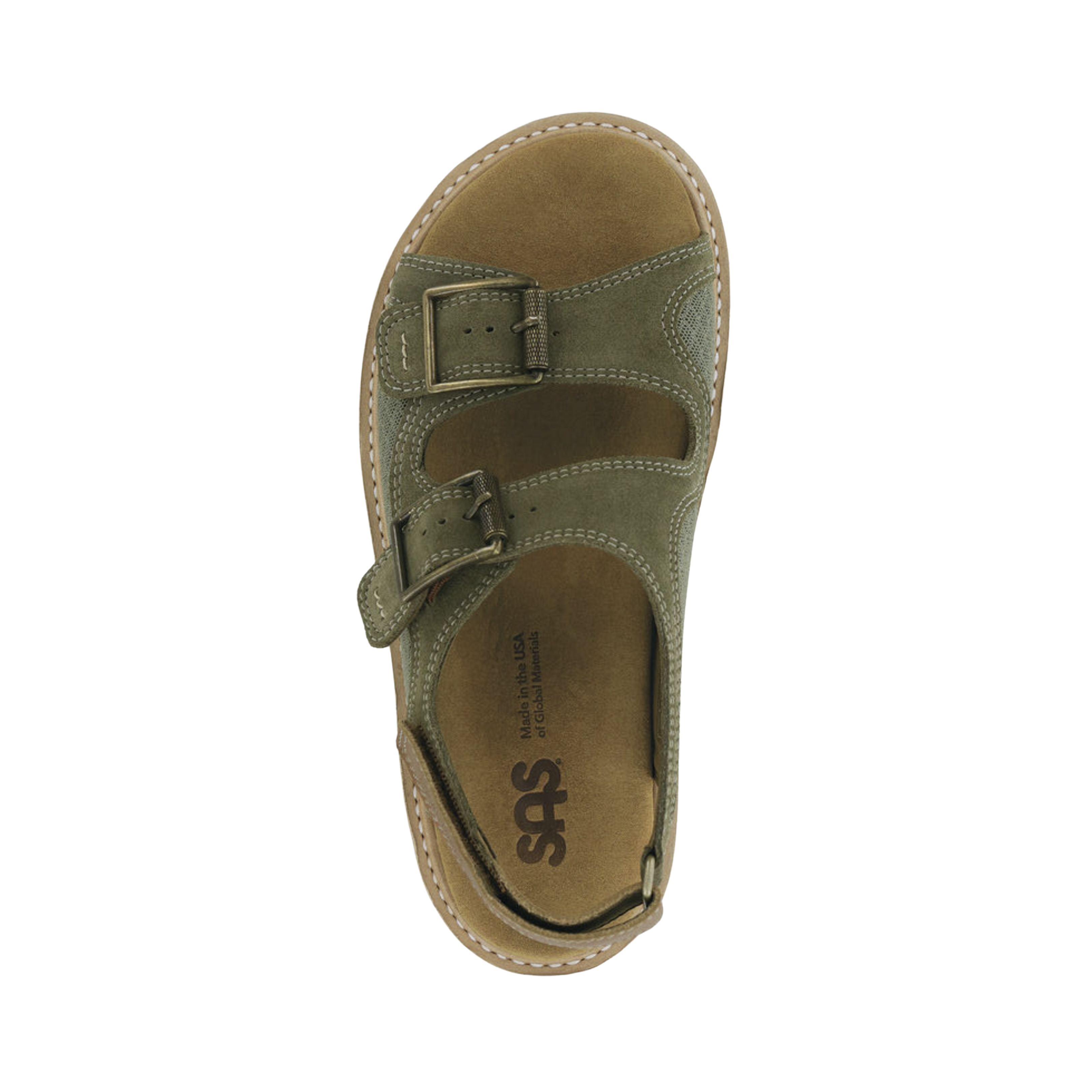 Top View of Women’s SAS Conga Sandal in desert sage – featuring soft leather straps with adjustable buckle closures, cushioned footbed with arch support, and breathable open design for all-day comfort.