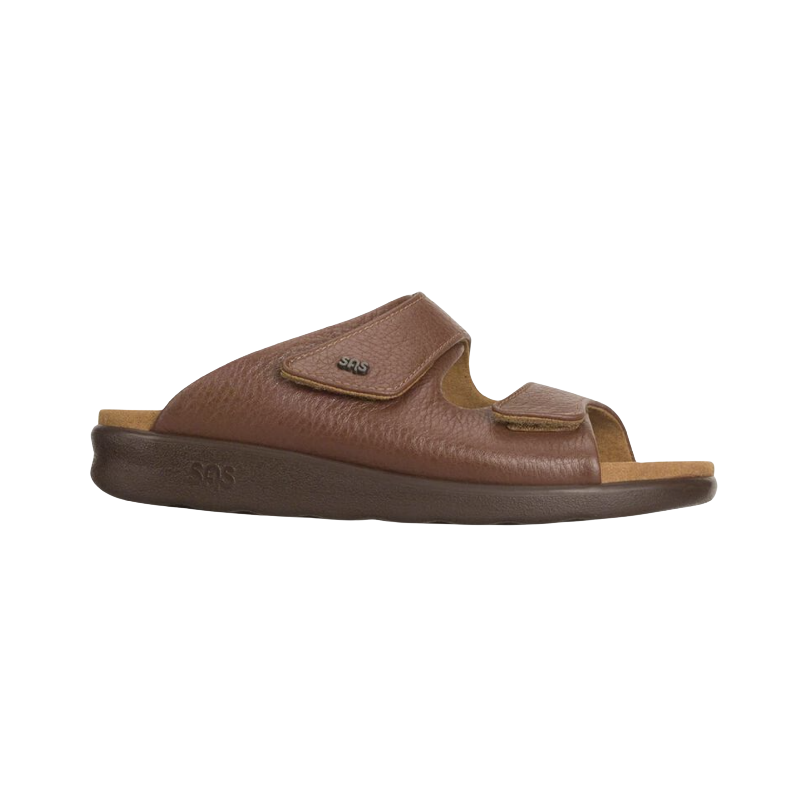 Side View of Women’s SAS Cozy Sandal in amber – featuring supportive cushioned midsole, adjustable strap system, and smooth leather finish for style and comfort.